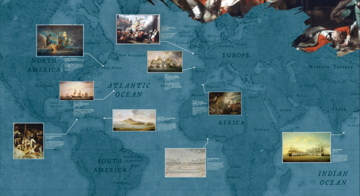 Map of Europe and Northern Africa showing a selection of events related to the American Revolution in those areas.