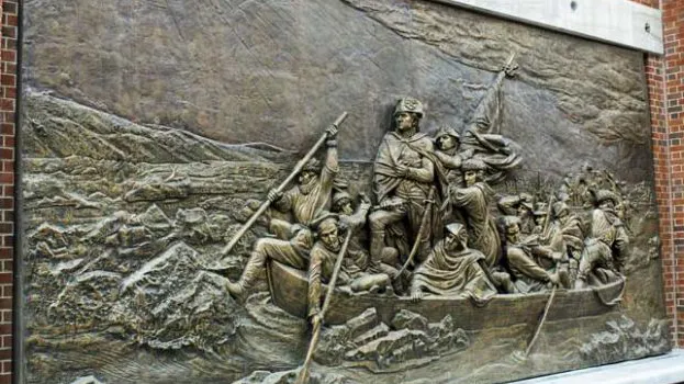A photo of an engraving of Washington Crossing The Delaware