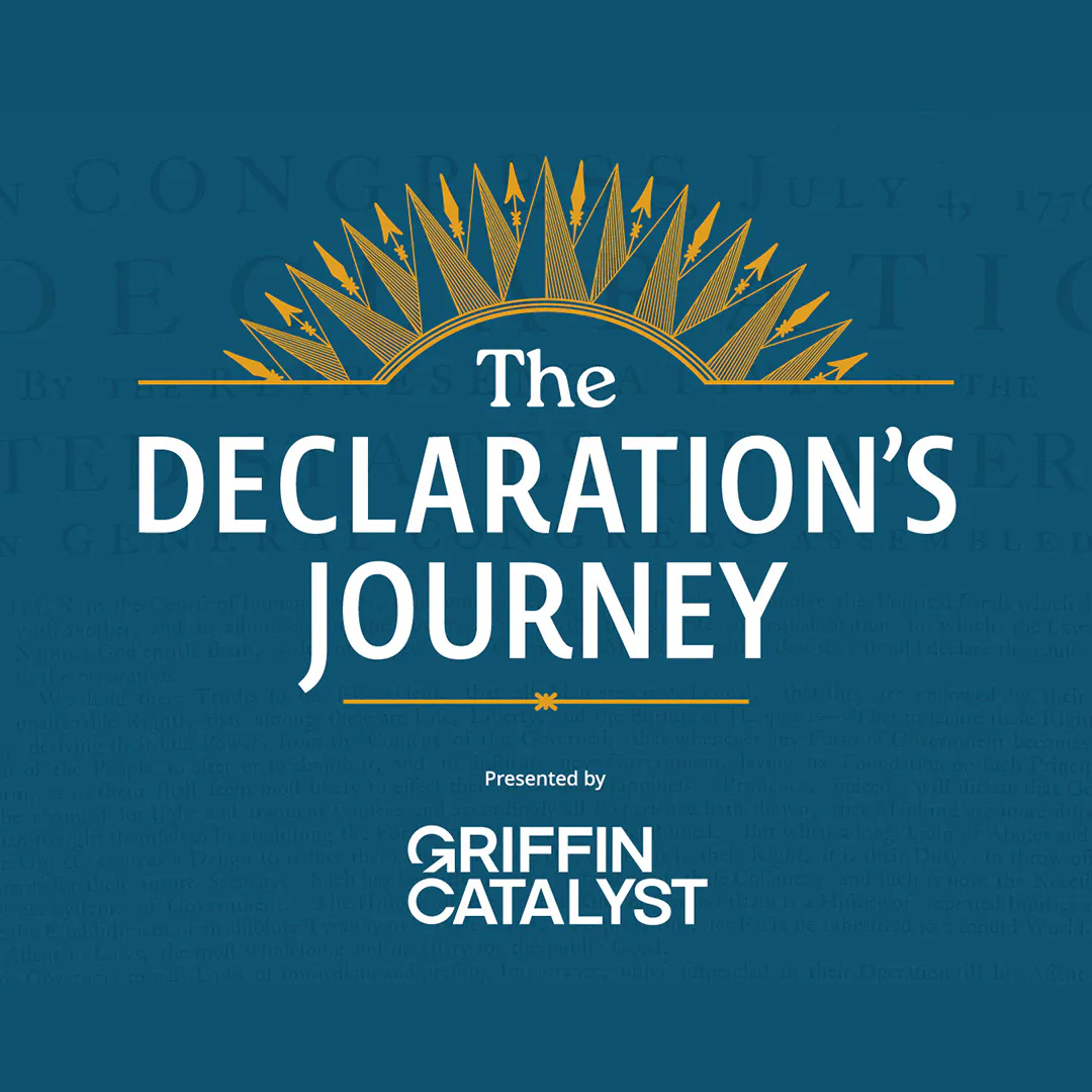 This image features the words The Declaration's Journey large in white in the center of a blue background under a gold semicircle of arrows from the compass rose.