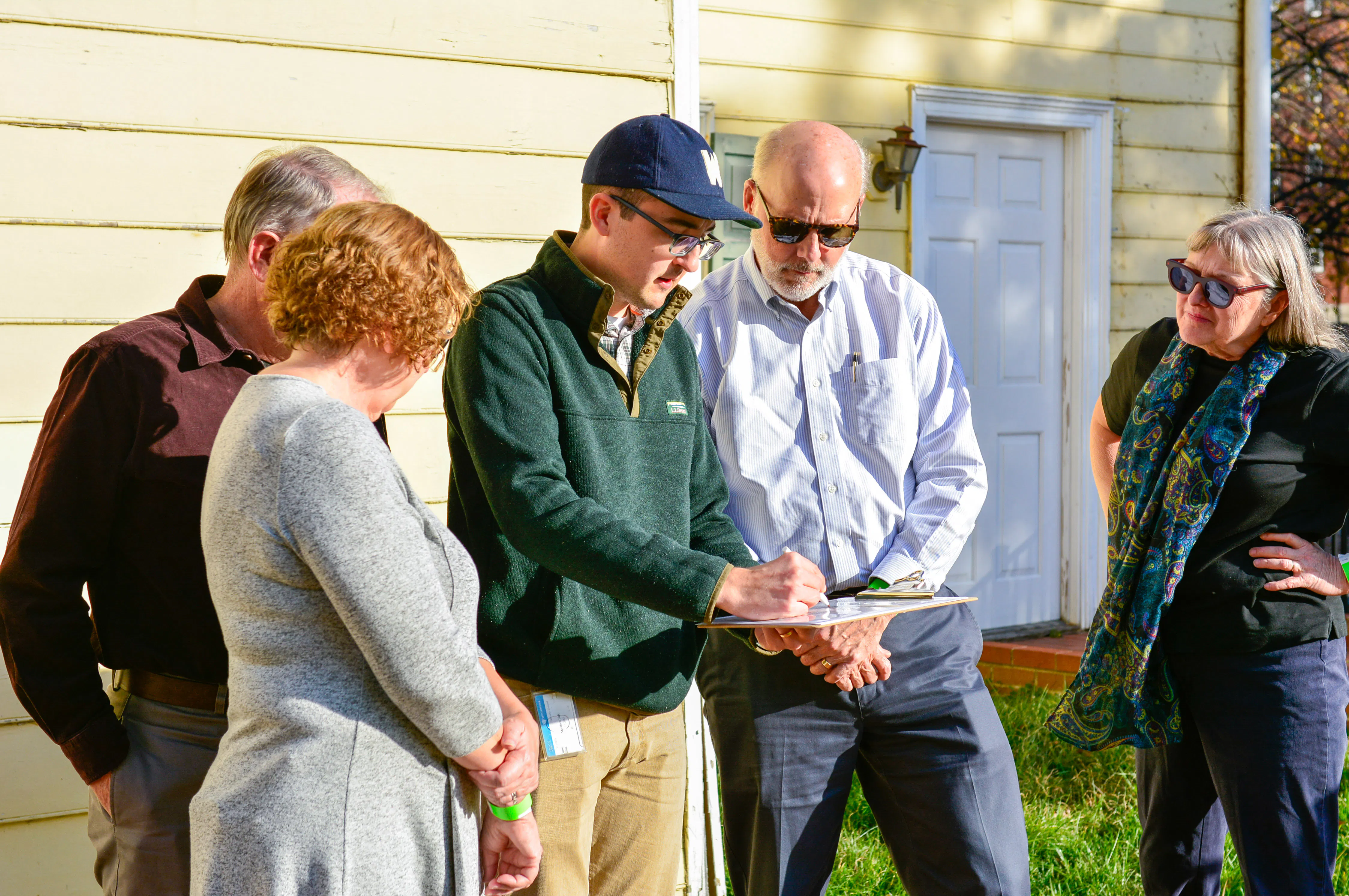 Members of the Osborne family, ancestors of Continental Army veteran Samuel Gerock, tour Revolutionary War sites in Trenton where Gerock fought.