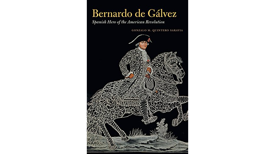 The cover of Bernardo De Galvez Spanish Hero of the American Revolution by Gonzalo Saravia depicts a black background and white lines that illustrate a horse standing on the ground. His front legs are in the air and Bernardo sits on top of him. Bernardo’s outfit is also depicted in white lines, while his hands and face are colored. He looks at the viewer and is wearing a black hat with a white brim.