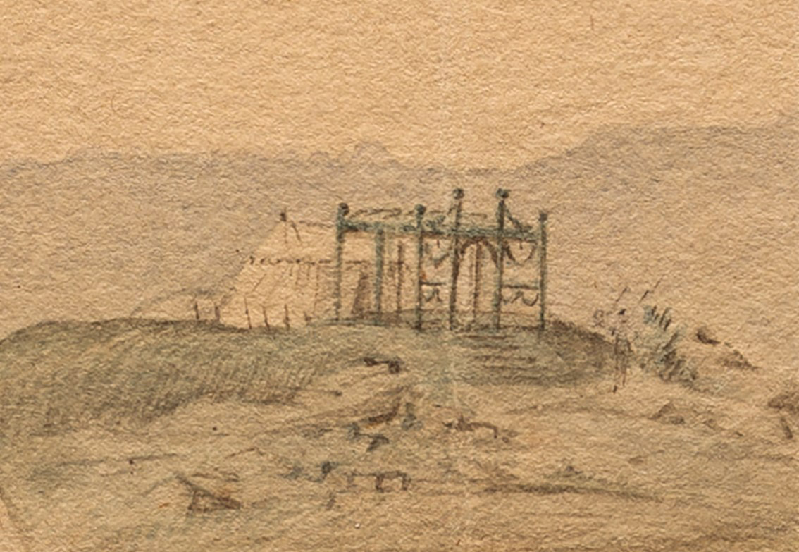A zoomed in section of Verplanck's Point featuring General Washington’s tent perched on a hill overlooking the encampment