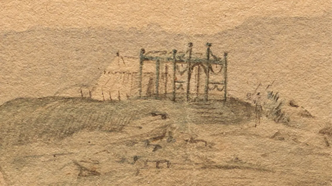 A zoomed in section of Verplanck's Point featuring General Washington’s tent perched on a hill overlooking the encampment