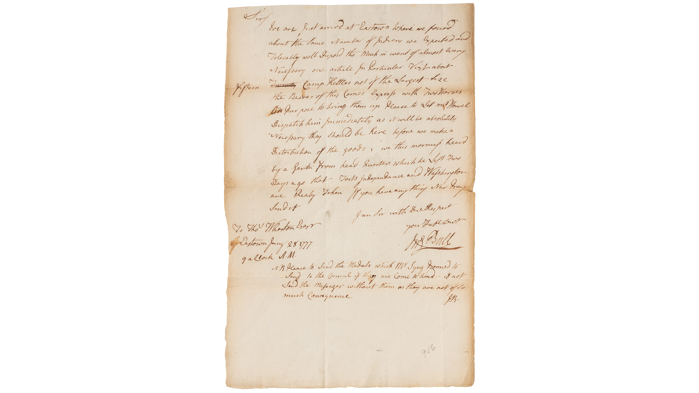 Unfolded sheet of creased and weathered paper with brown cursive handwriting