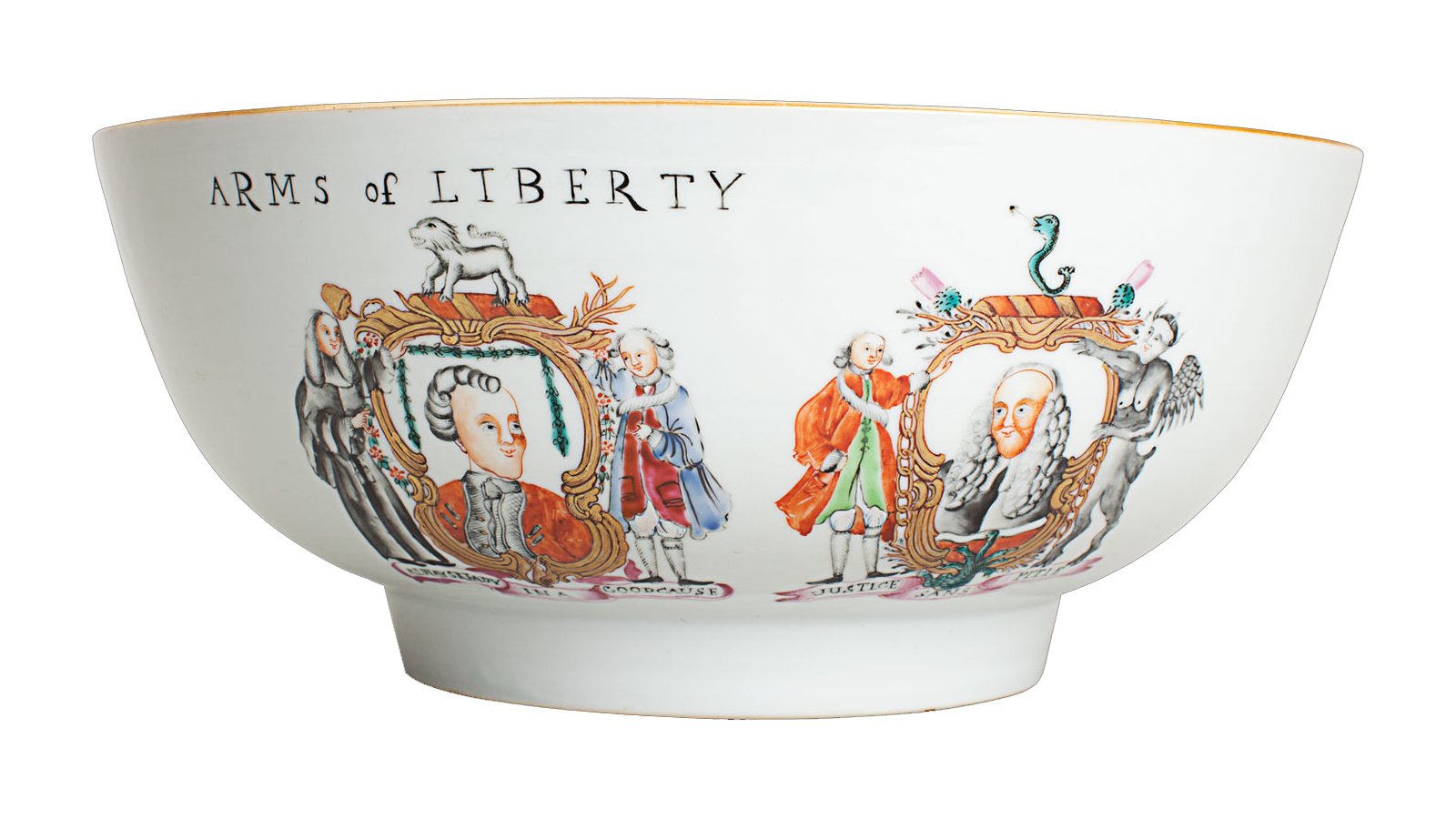 Front view of white bowl featuring imagery of men, animals, flowers, and geometric designs on the inside and outside. The words "Arms of Liberty" appear above one grouping of men on the bowl's exterior.