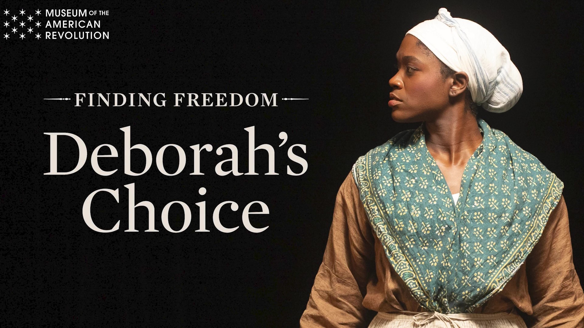 This image shows a black background with white text to the left reading Finding Freedom Deborah's Choice to the left with a photo of actress Taylor J. Mitchell on the right.