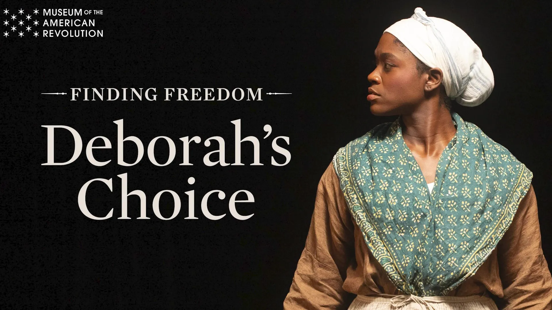 This image shows a black background with white text to the left reading Finding Freedom Deborah's Choice to the left with a photo of actress Taylor J. Mitchell on the right.