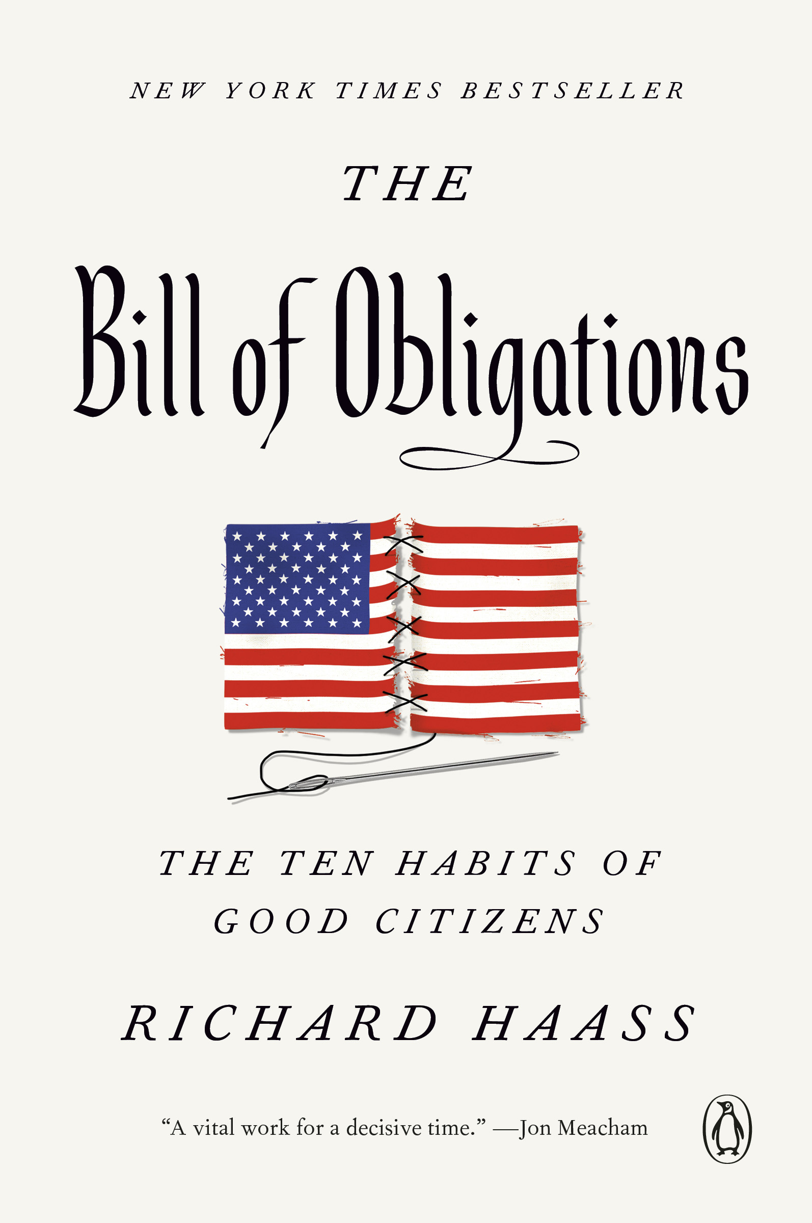 This image shows the book cover for The Bill of Obligations with black text on a cream background and an American flag sown back together with a needle and thread in the center.