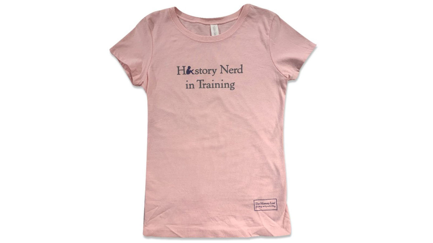 Pink youth-size t-shirt that reads history nerd in training