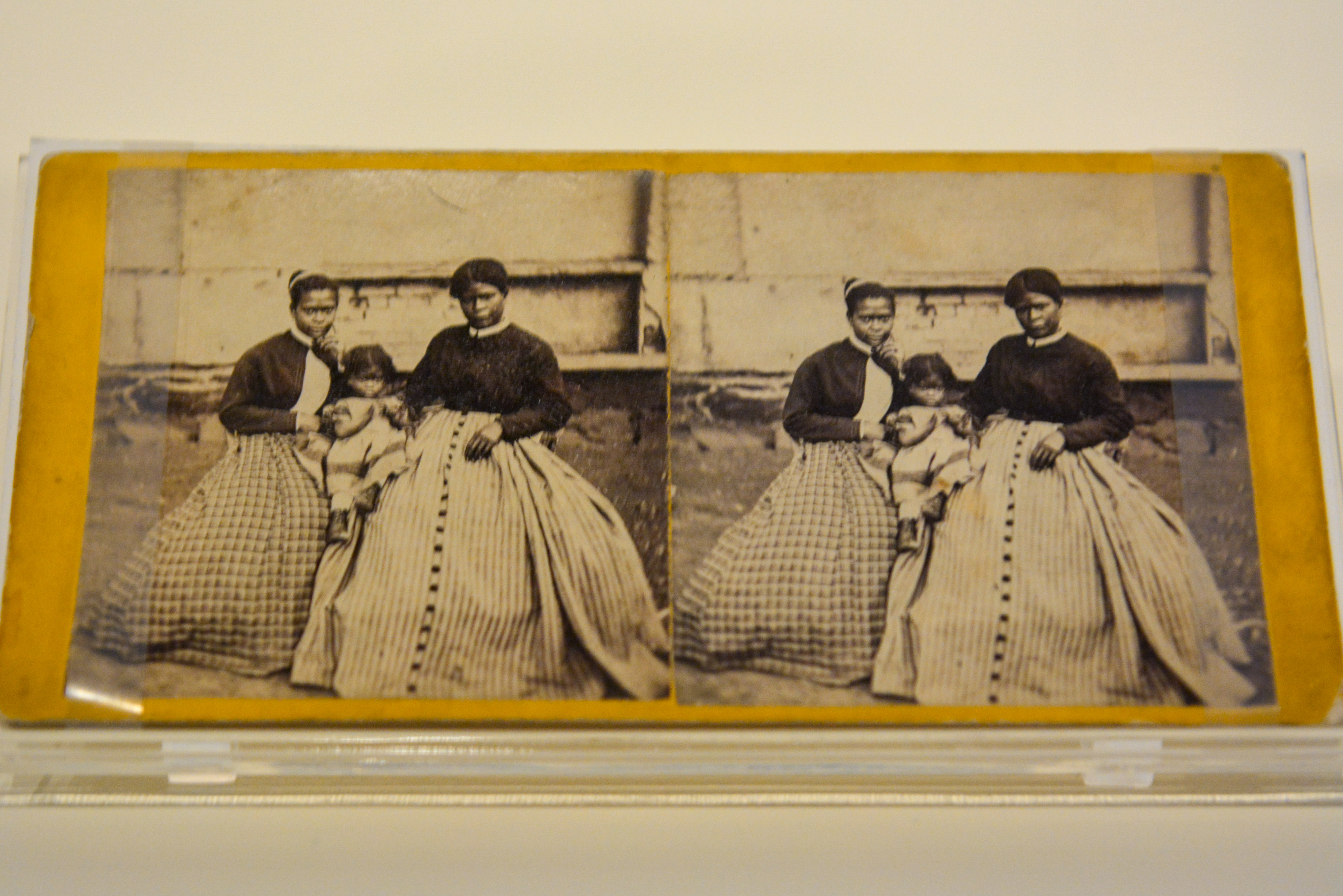 A stereograph of Selina Gray with her two daughters on view in the Witness to Revolution Exhibit