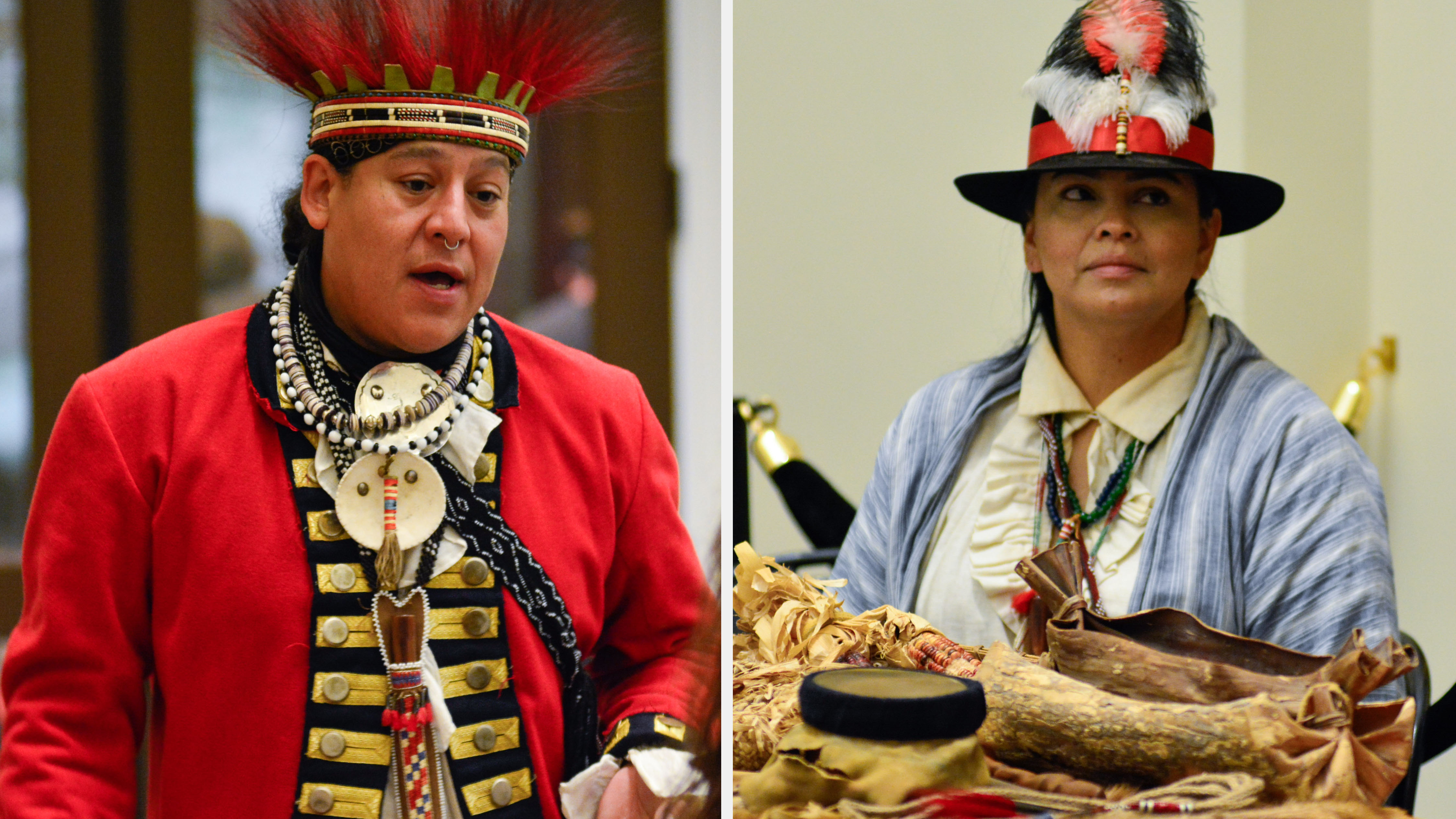 Jordan and Kehala Smith dressed in traditional Native American clothing at the Museum over Indigenous Peoples Weekend.