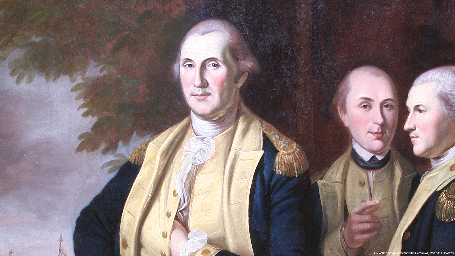 A detail of a painting with three men in 18th century clothing with white wigs