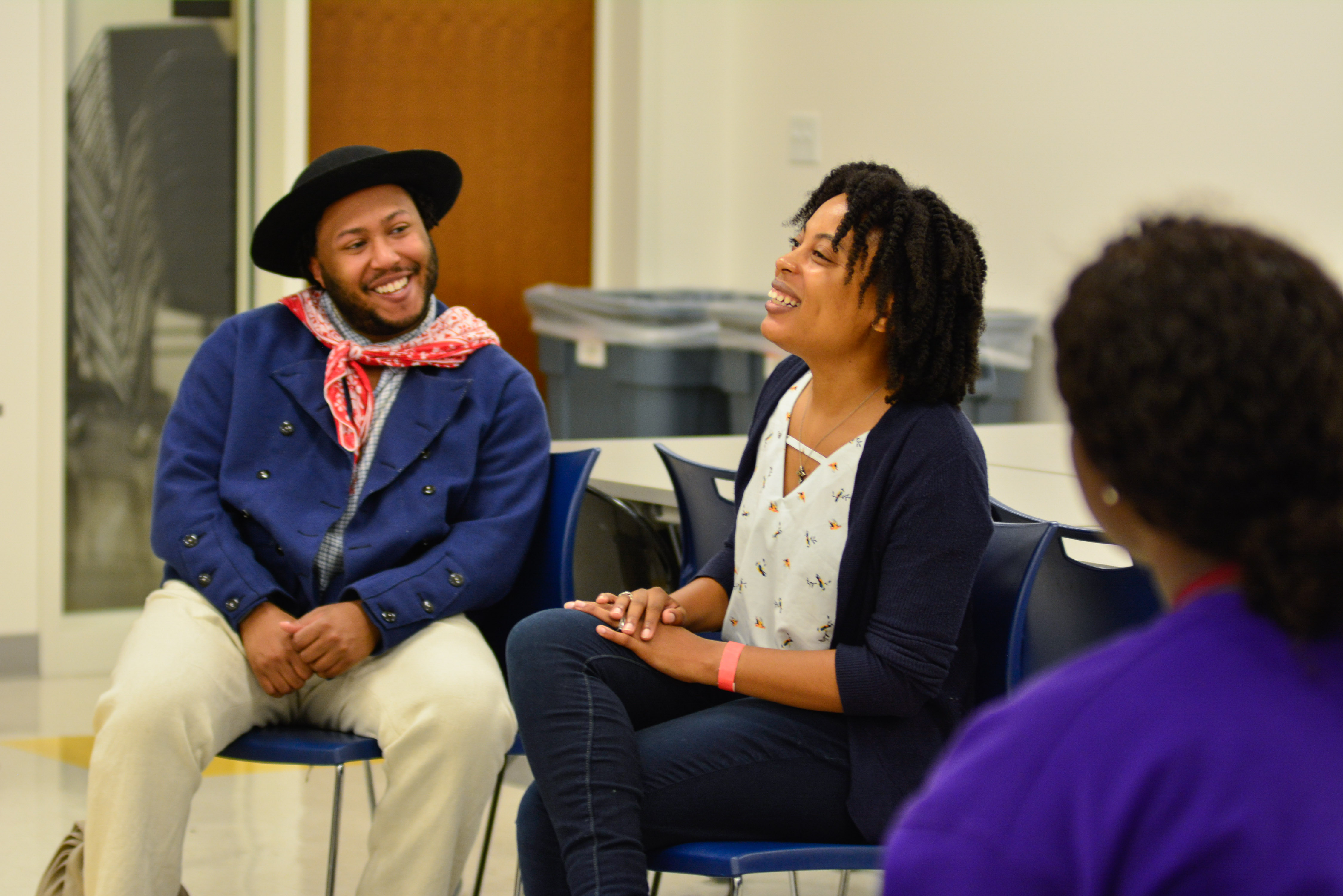 Living History Youth Summer Institute students talk with Meet James Forten actor Nathan Alford-Tate and playwright Marissa Kennedy.