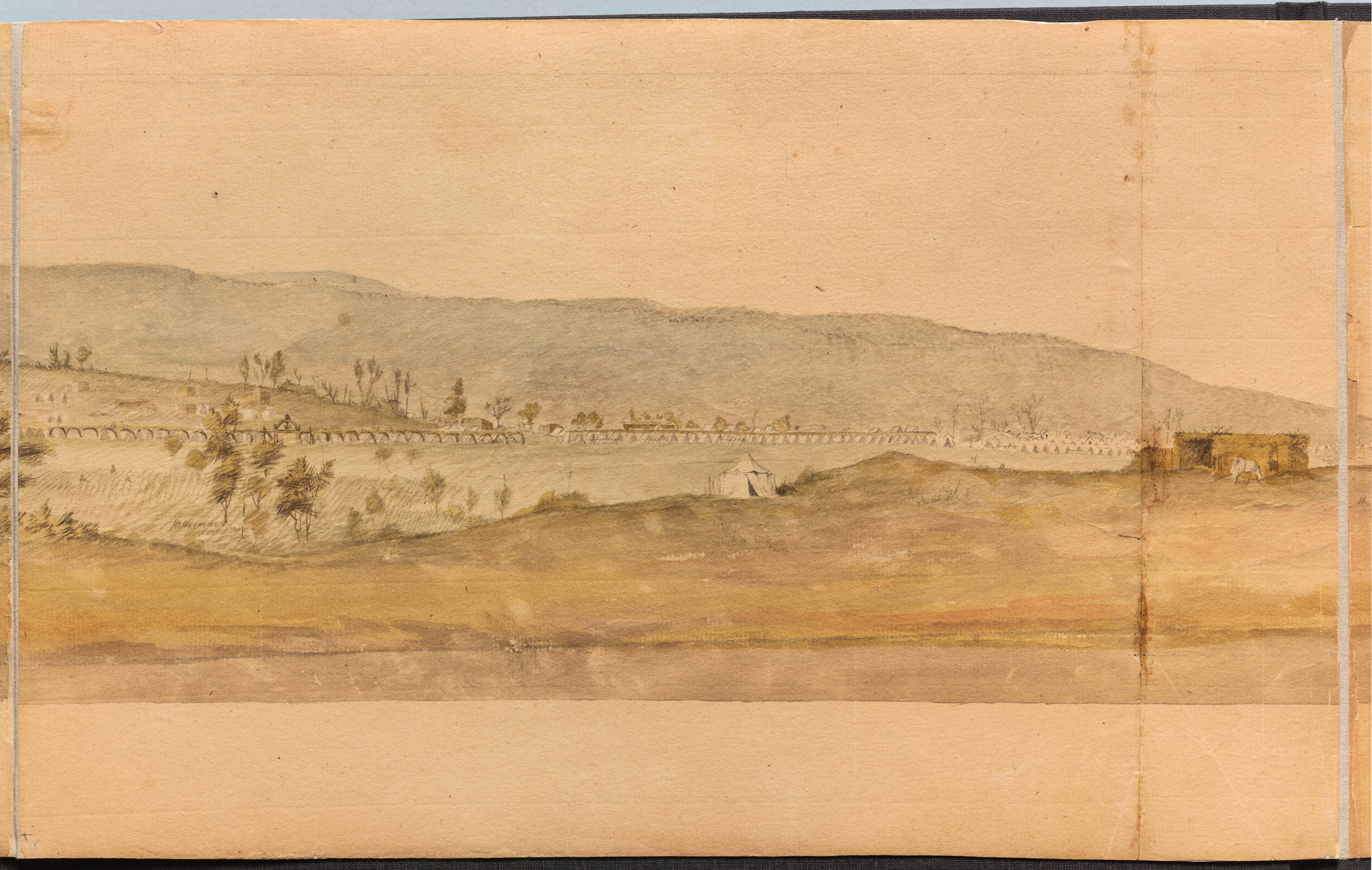 A zoomed in section of Verplanck's Point featuring a view of the anchor-decorated colonnade of the Rhode Island Regiment