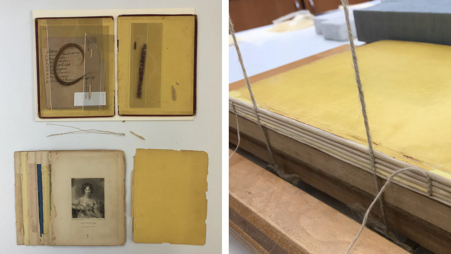 Both photos on this graphic show the process of conserving the Mary Wood Forten friendship album for Black Founders.