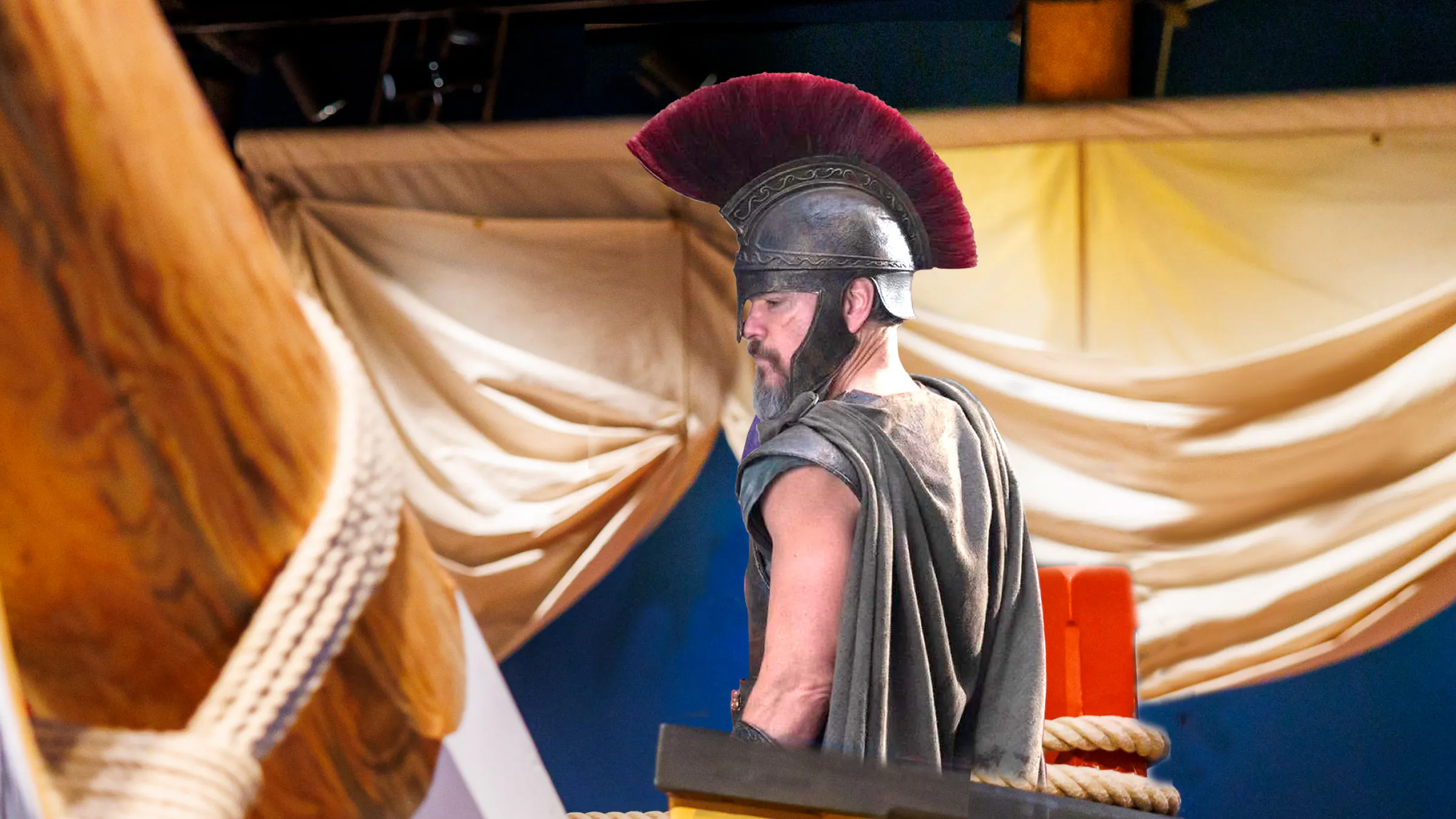 An Ancient Greek soldier standing on a ship