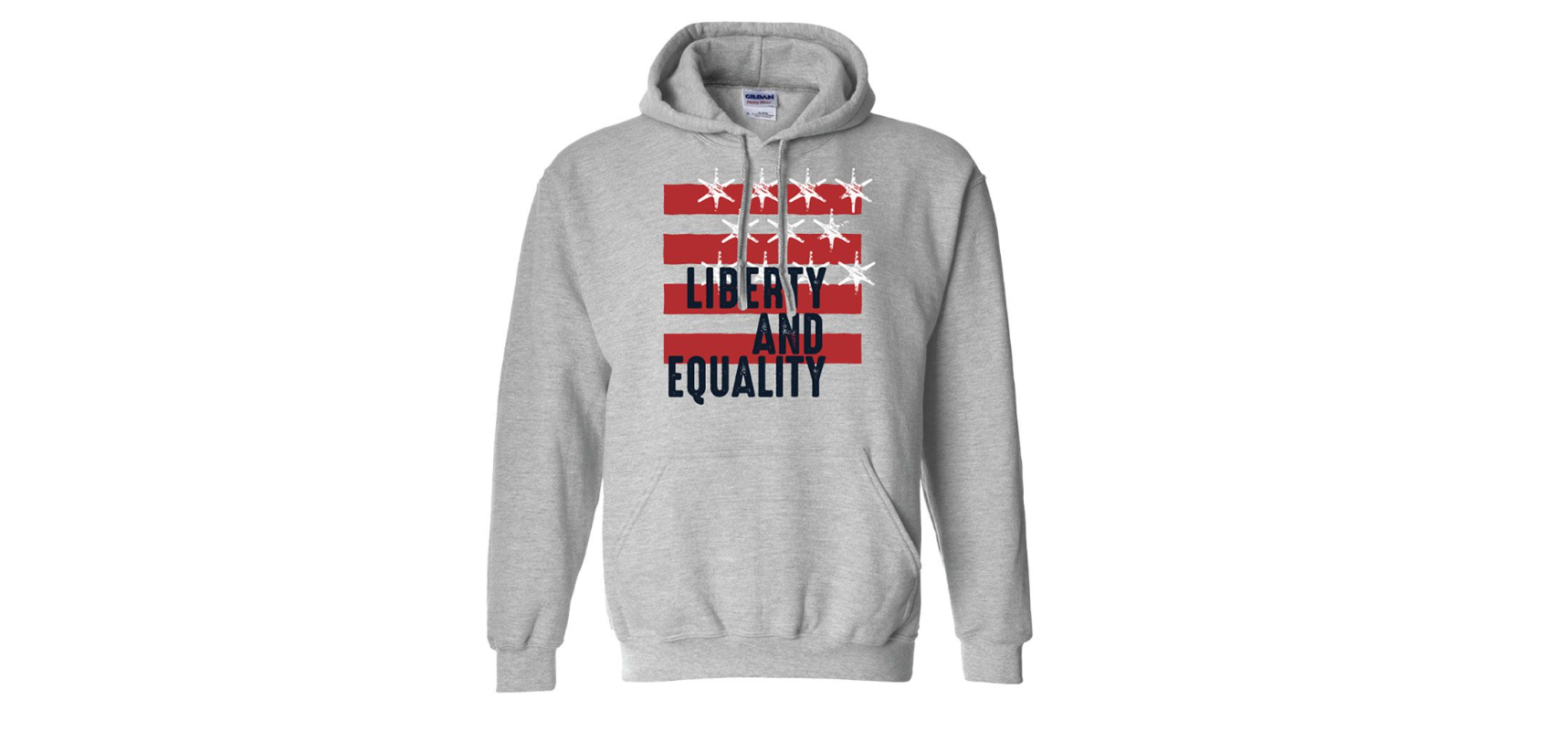Grey sweatshirt with red and white stripes and the words Liberty and Equality on the front.