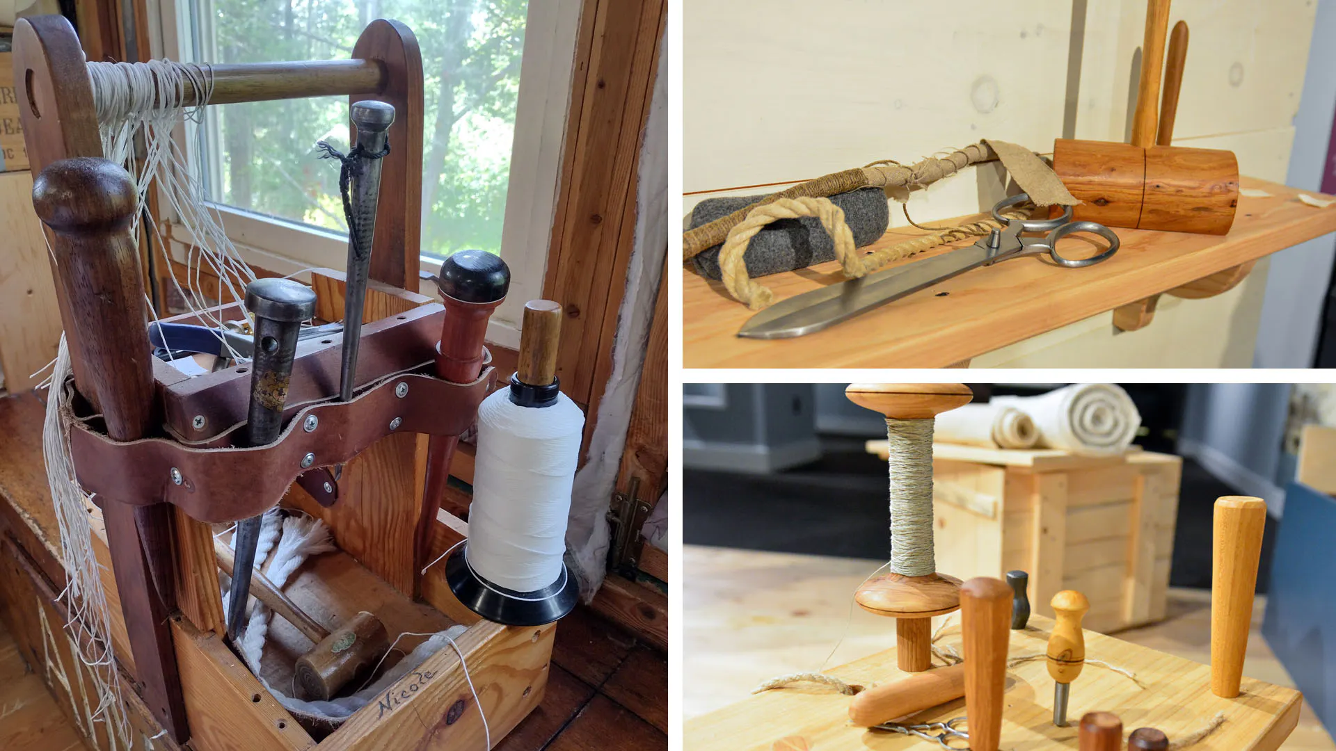 To the left, tools from Force 10's workshop today. To the right, replica tools in the recreated 18th century sail loft in the Museum's Black Founders exhibit.