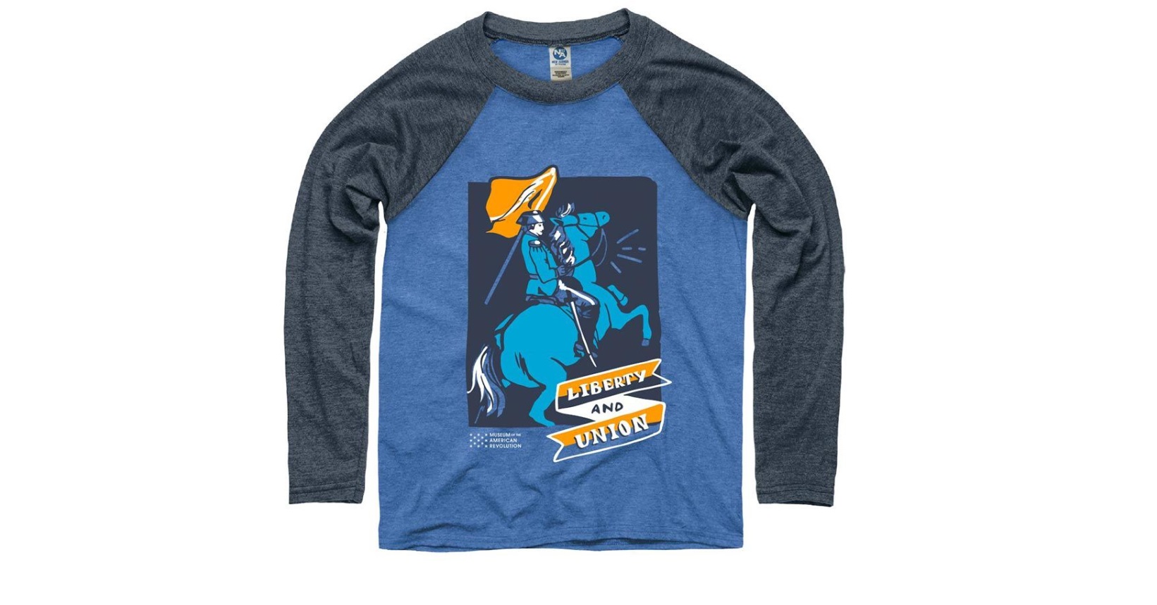 This long-sleeve youth baseball t-shirt features a blue torso with grey sleeves, the words Liberty and Union, and the image of a man carrying a flag while on a horse.
