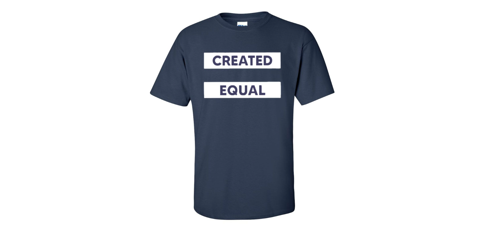A navy blue t-shirt with two white horizontal bars in which the words created equal are.