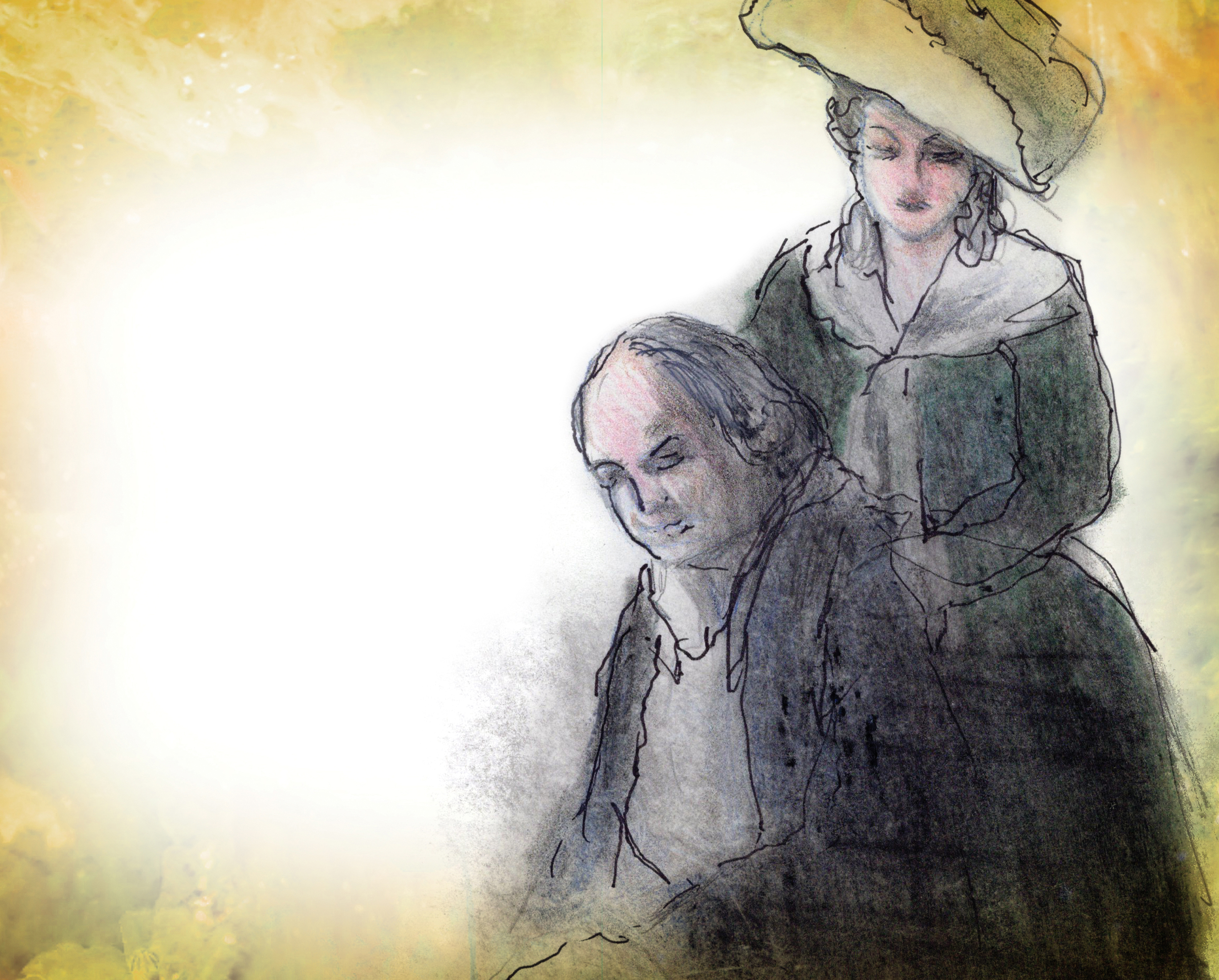 An illustration of Abigail Adams standing behind John Adams