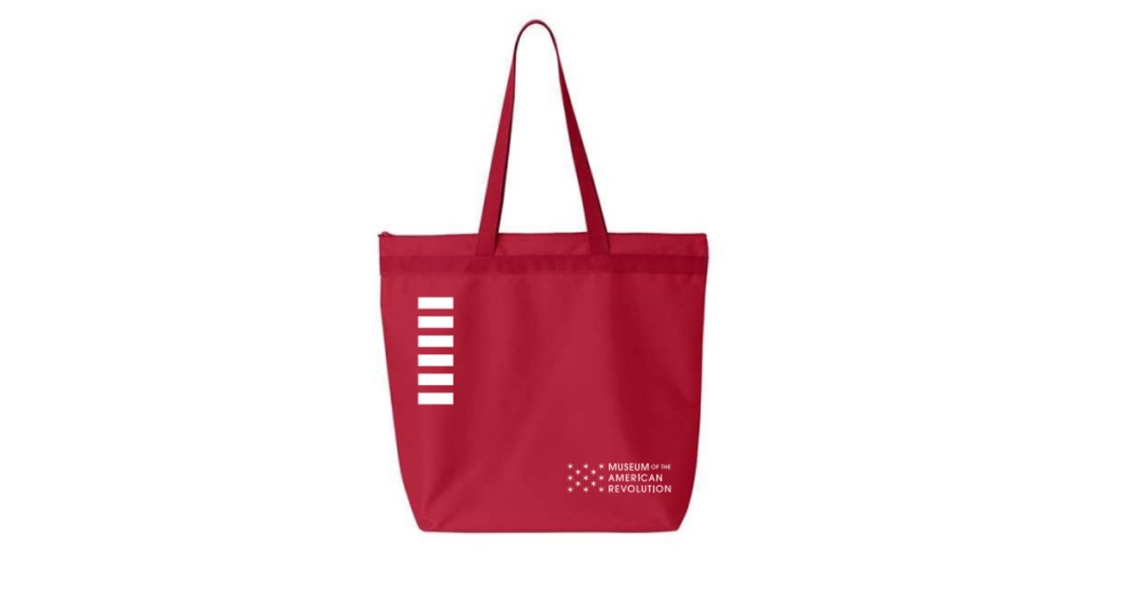 Red tote bag featured six white stripes in the top left corner in a callback to the Forster flag at the Museum.