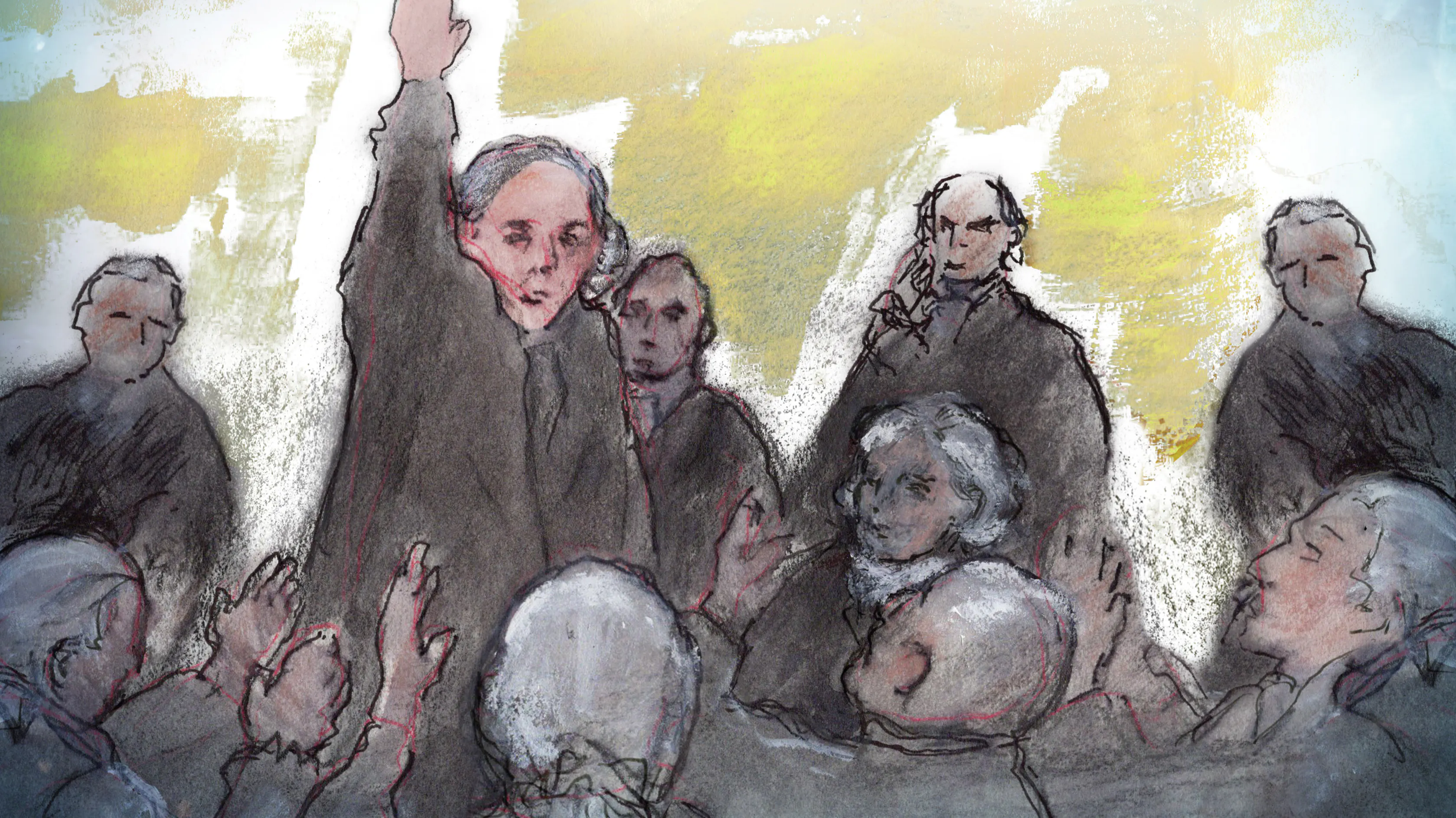 An illustration of John Adams attending the First Continental Congress and raising his hand.