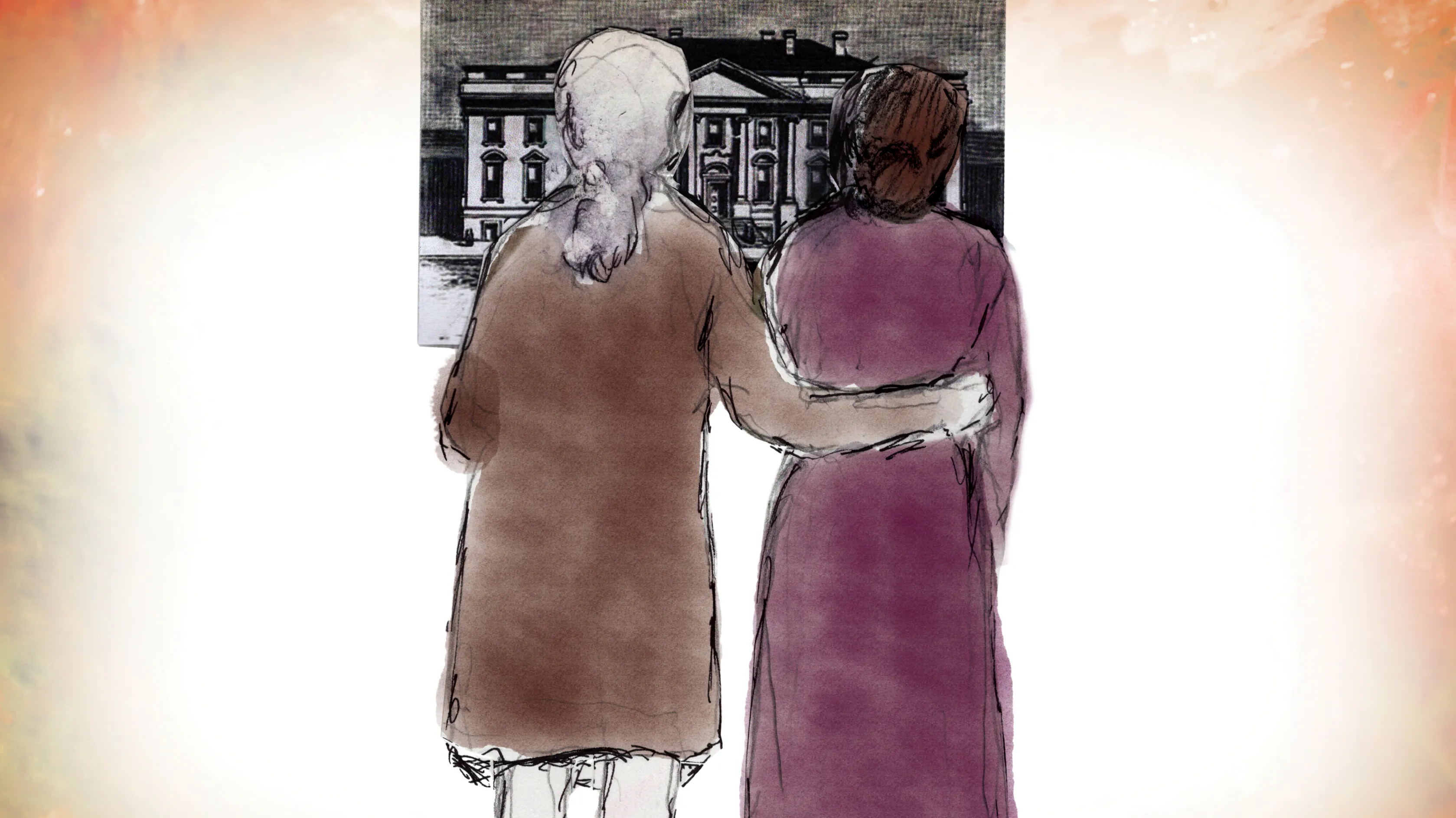 An illustration of John and Abigail Adams embracing and lookin gat the white house.