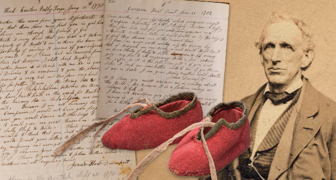 Image with two of the Davenport letters the red baby booties and a photo of John Davenport.