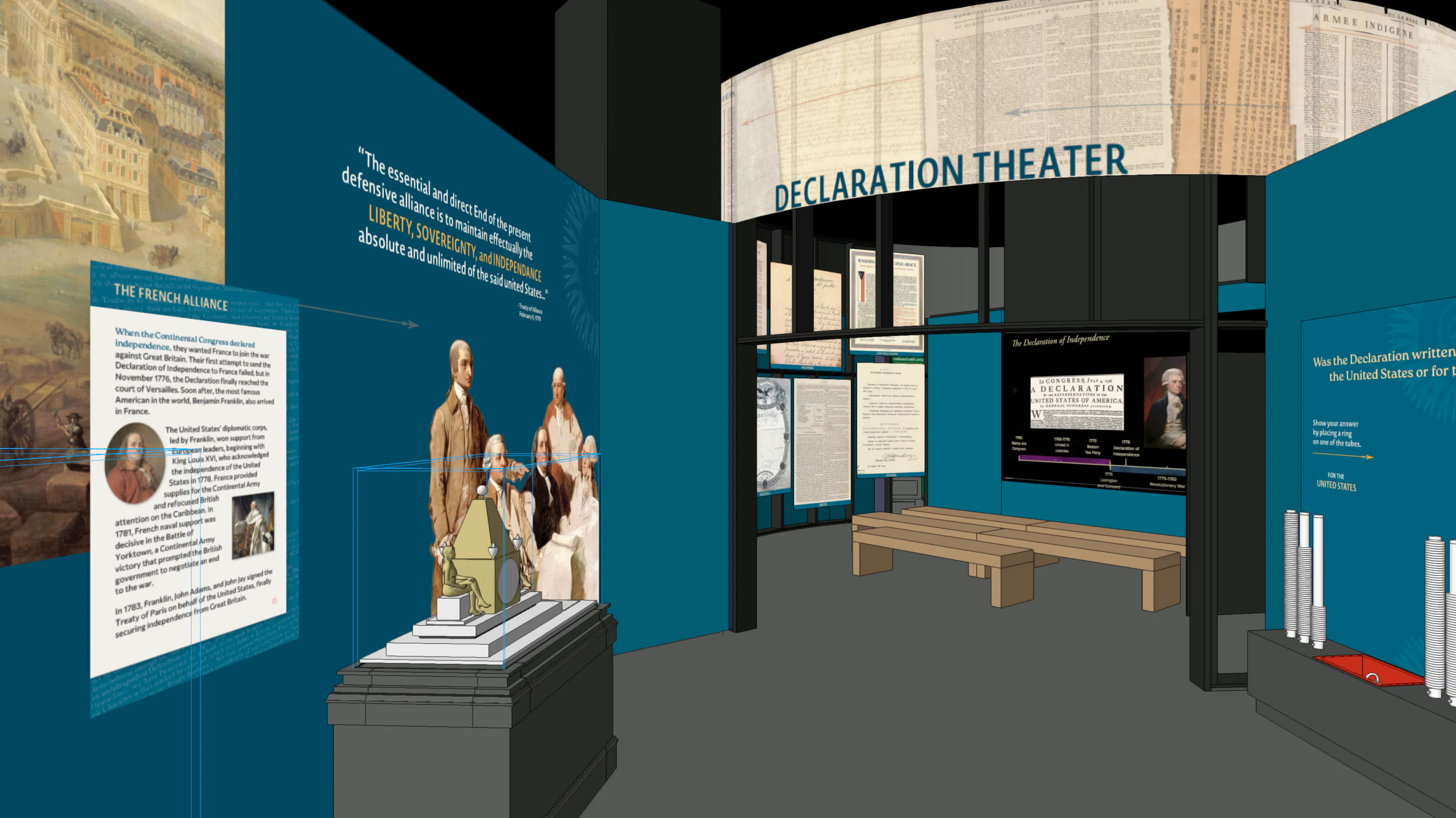 This rendering of the first section of the exhibition shows the entrance to a circular theater that will include a dynamic 3-4 minute video presentation about the global impact of the Declaration of Independence.