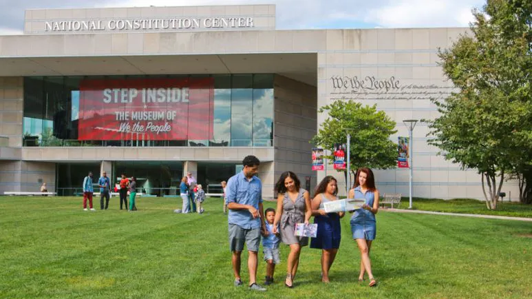 Family in front of the National Constitution Center