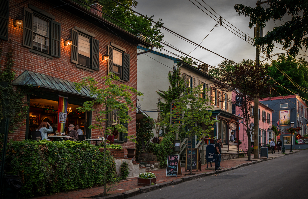 This image shows store fronts on New Hope's downtown main street.