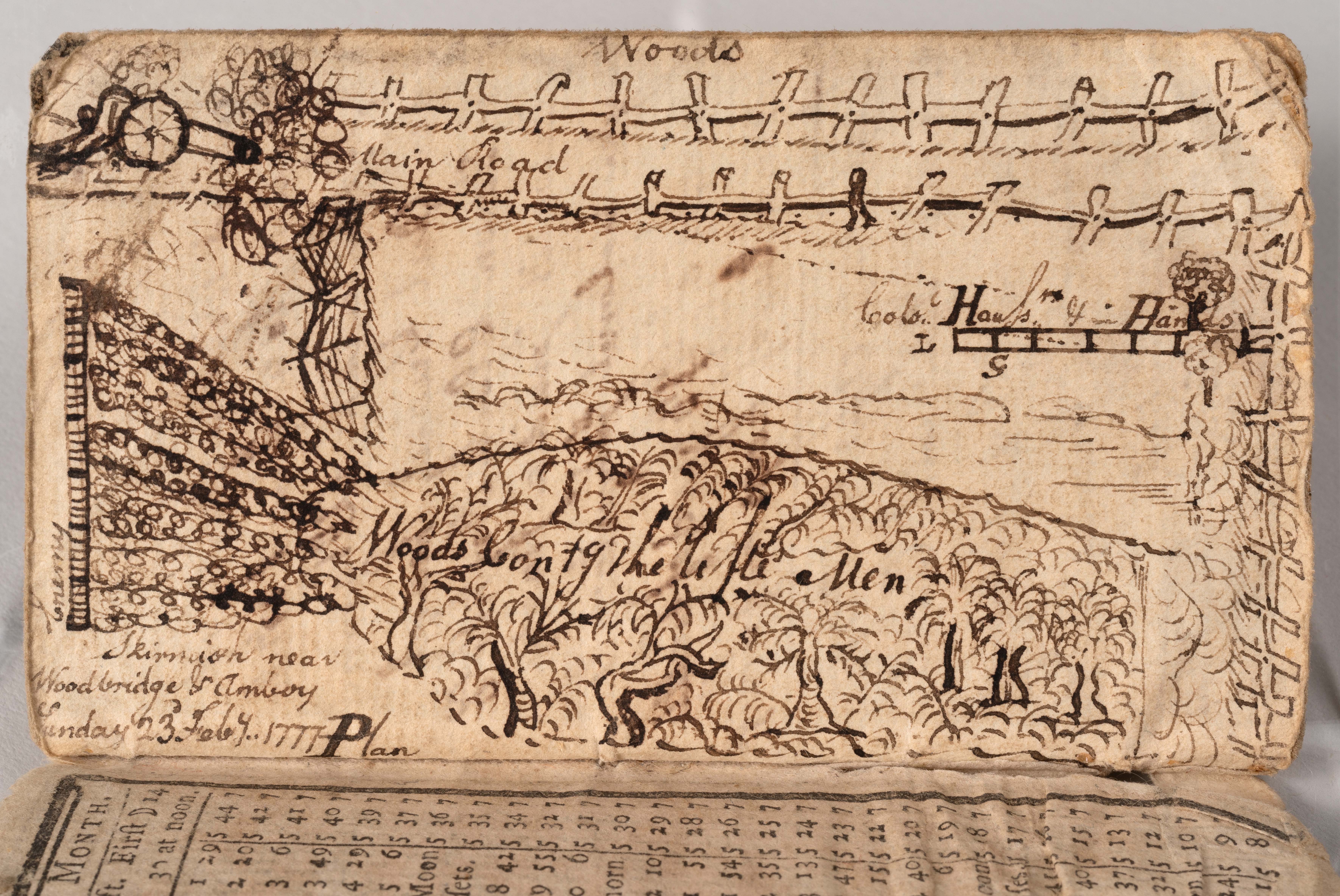 This image shows a sketch on the inside of a pocket almanac owned by Continental Army veteran Samuel Gerock.