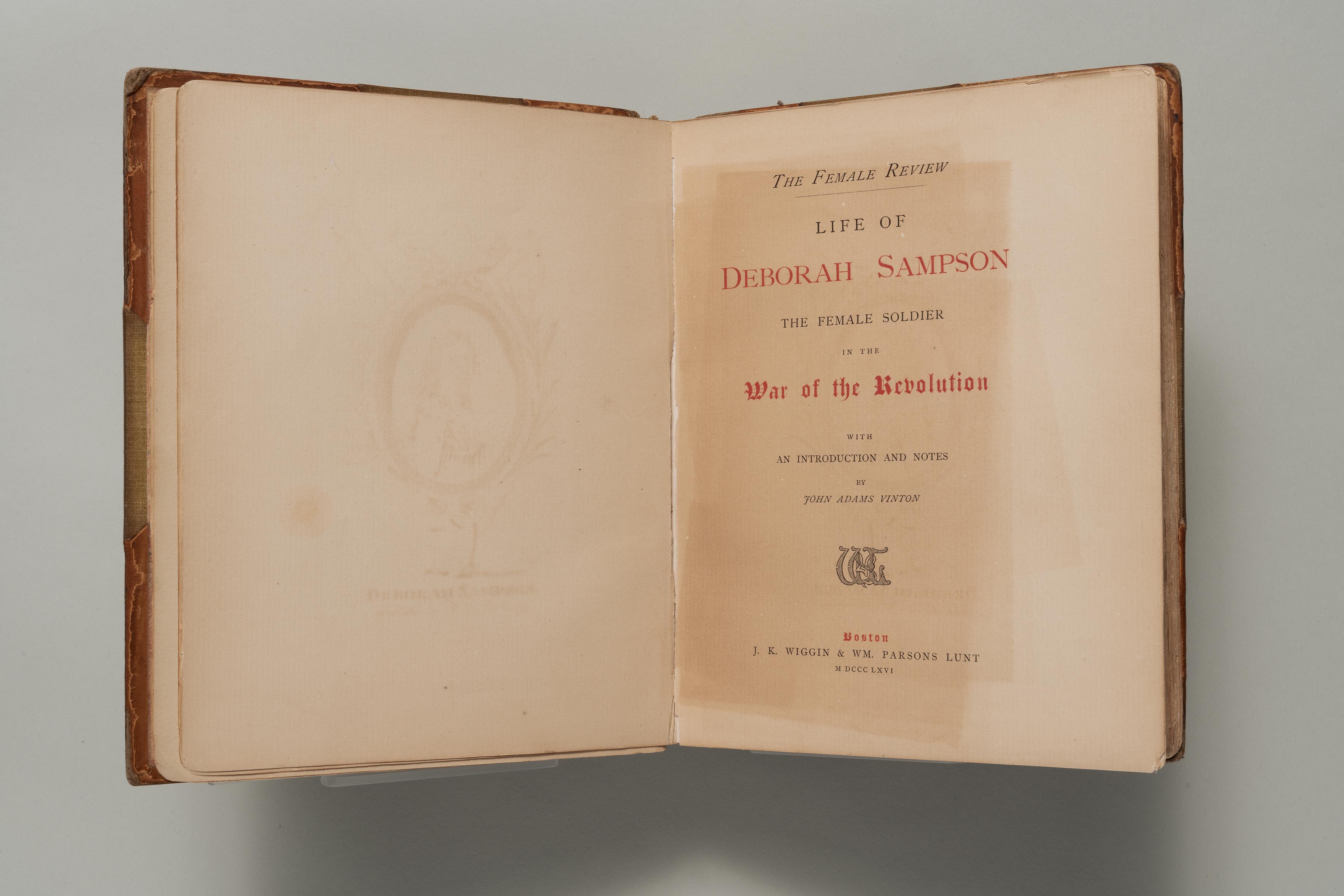 Book, "The Female Review: Life of Deborah Sampson the Female Soldier in the War of the Revolution," opened to show its title page