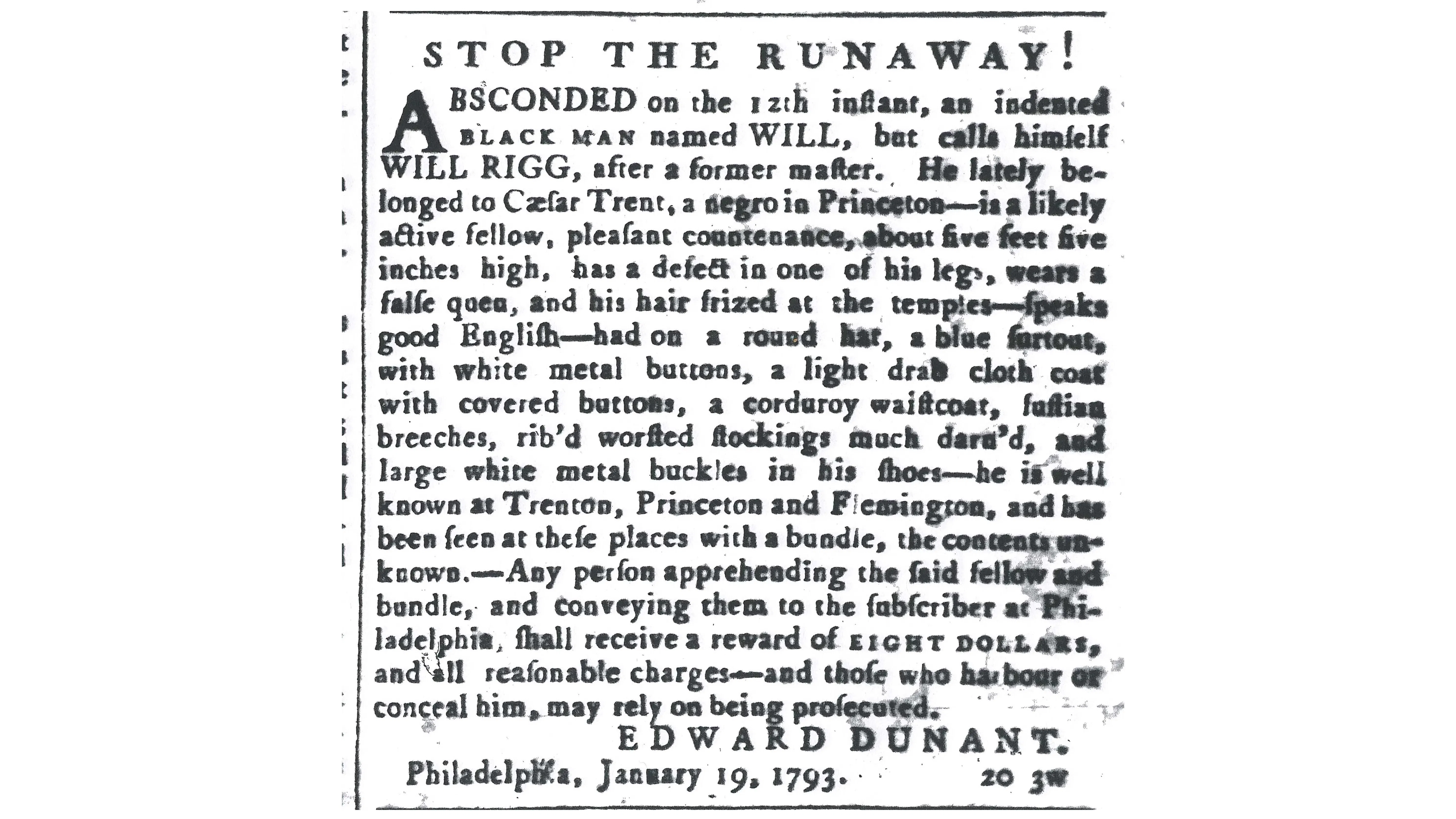 Newspaper clipping: “Stop the Runaway!,” New Jersey State Gazette, 23 January 1793