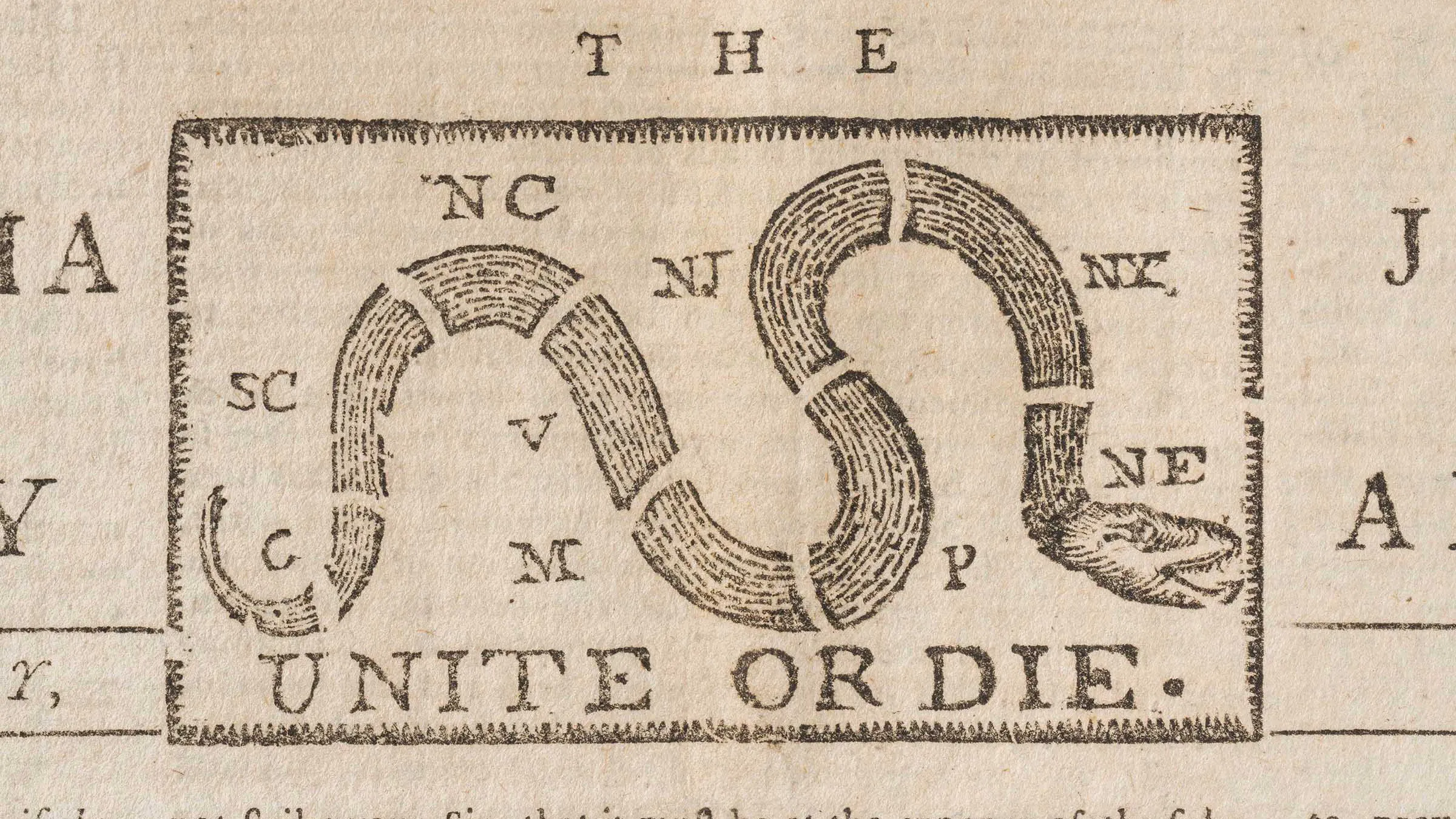 A zoomed in look at the United or Die snake political cartoon at the top of the Pennsylvania Journal.