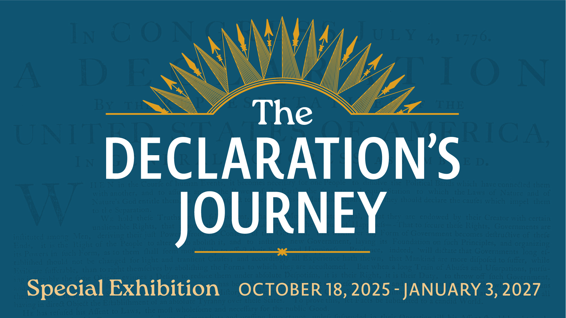 This image features the words The Declaration's Journey large in white in the center of a blue background under a gold semicircle of arrows from the compass rose.