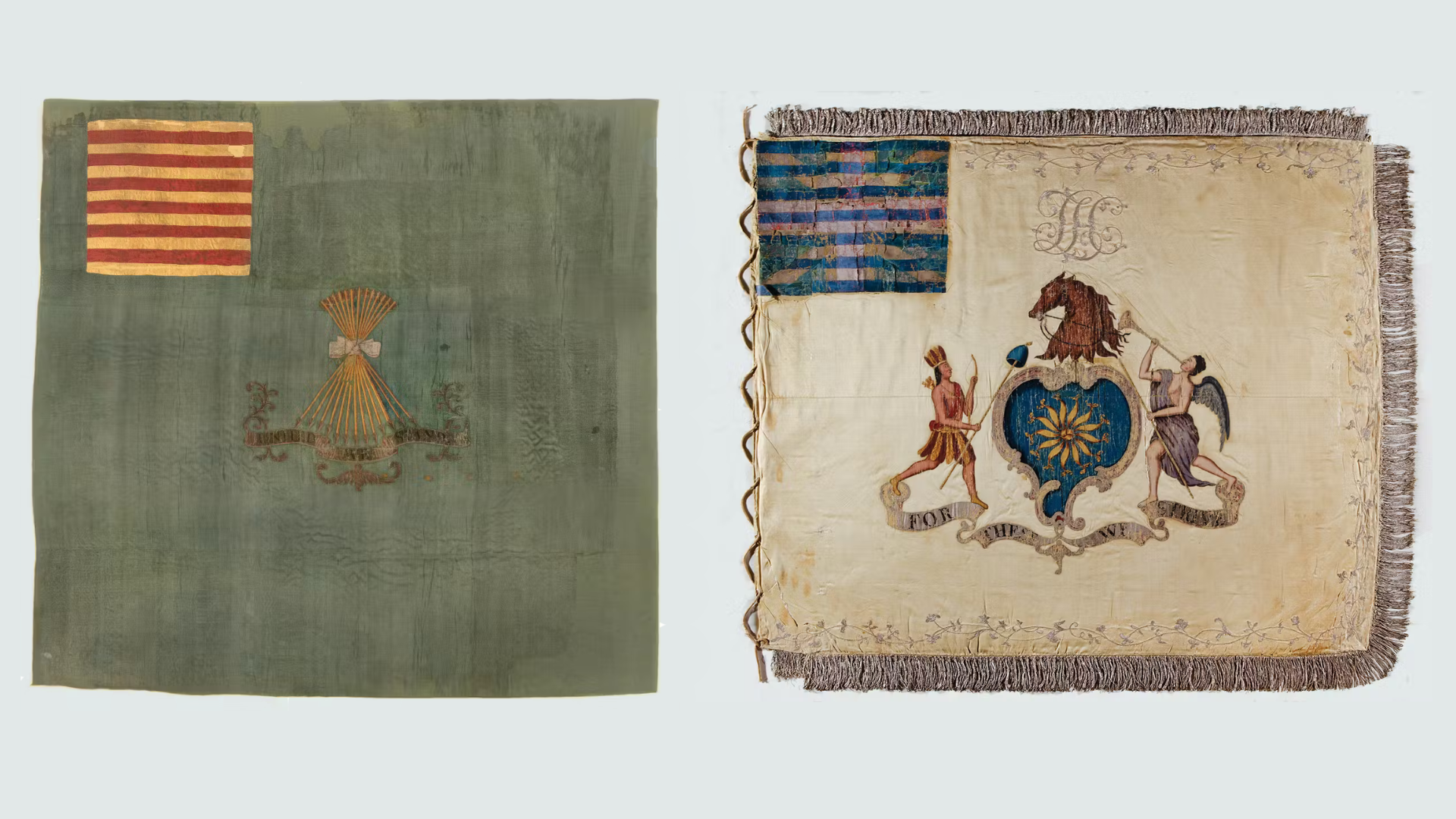 Two Revolutionary War flags, side by side on a gray background.