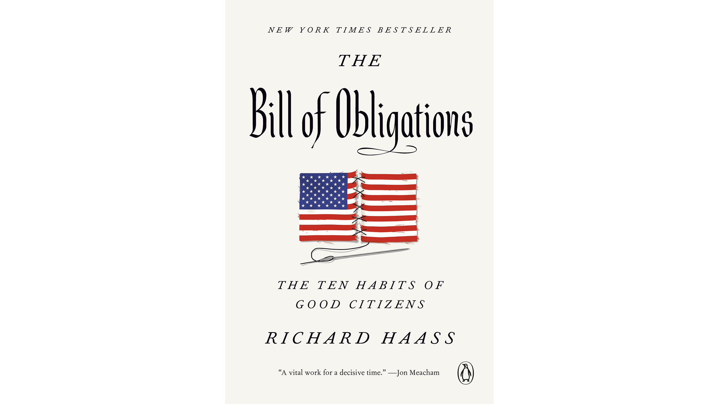 This image shows the book cover for The Bill of Obligations with black text on a cream background and an American flag sown back together with a needle and thread in the center.
