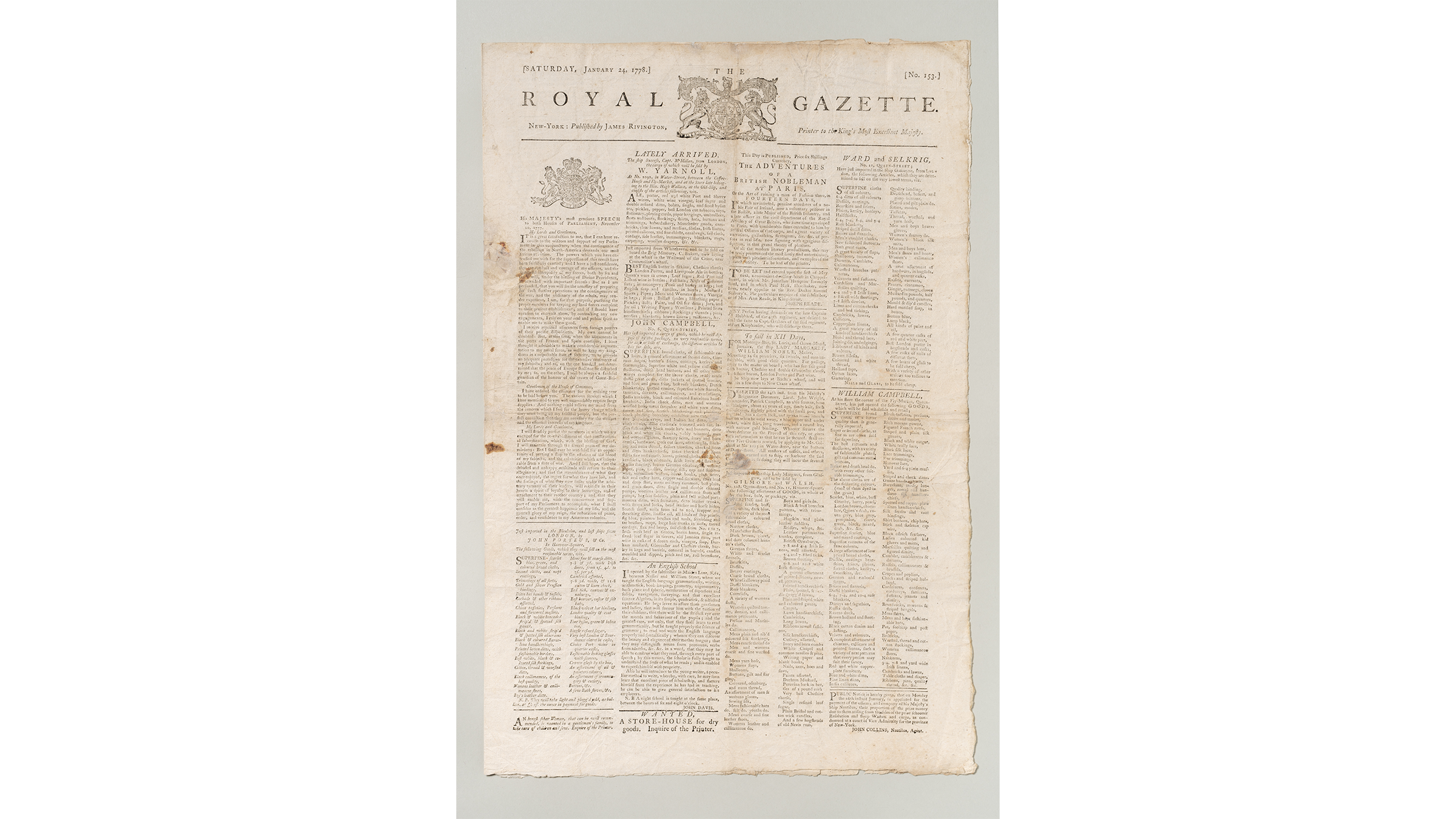 A January 1778 copy of the Royal Gazette newspaper containing the complete text of the Articles of Confederation.