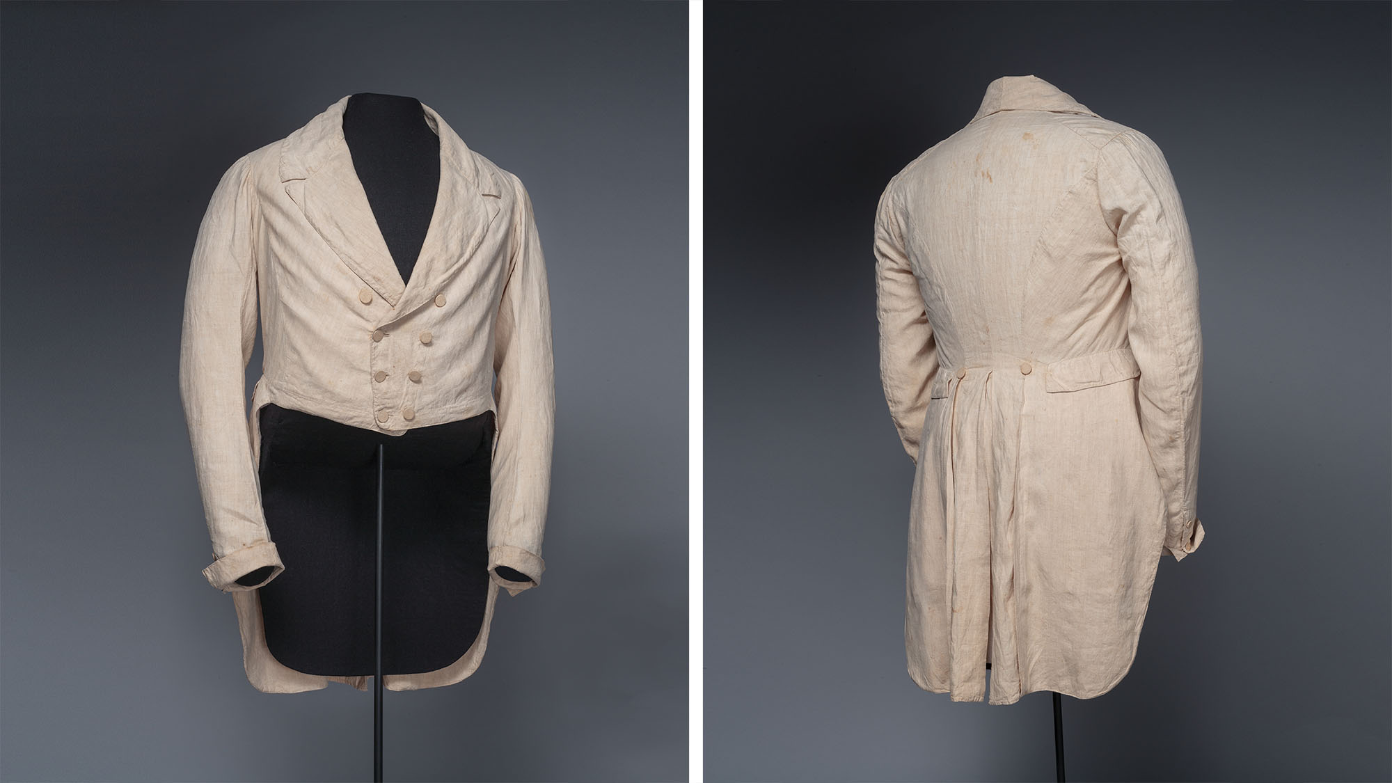 These images show Jacob Latch's coat. The left image shows it from the front. It is white and blue on the bottom. The image on the right shows it from the back.