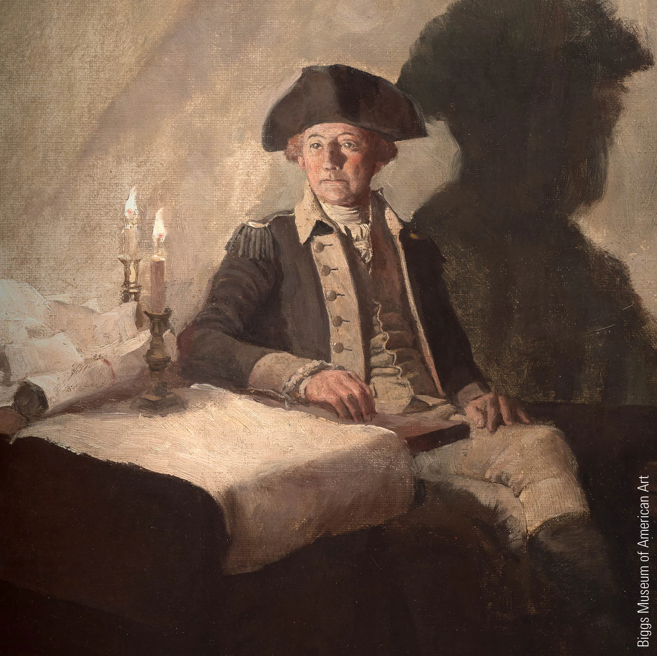 Witness to Revolution: The Unlikely Travels of Washington's Tent exhibit name on the left with February 17, 2024 to January 5, 2025 dates below and an painted image of Washington in his tent to the right.