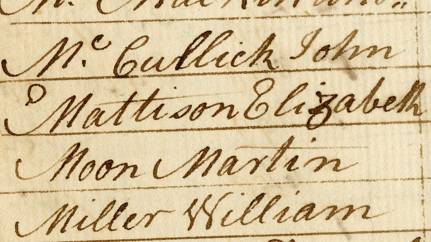 Photo of Elizabeth Mattison's name listed 1802 tax list for Montgomery Township, page 11