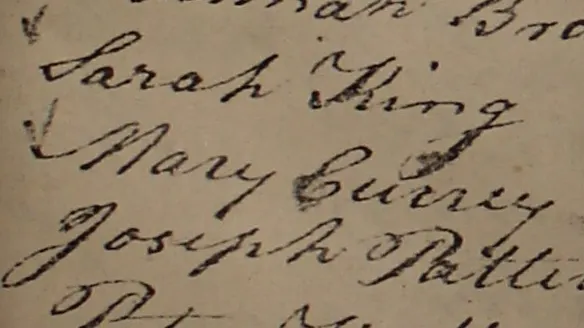 Photo of Mary Curry's name listed on December 1800 poll list from UPN Township