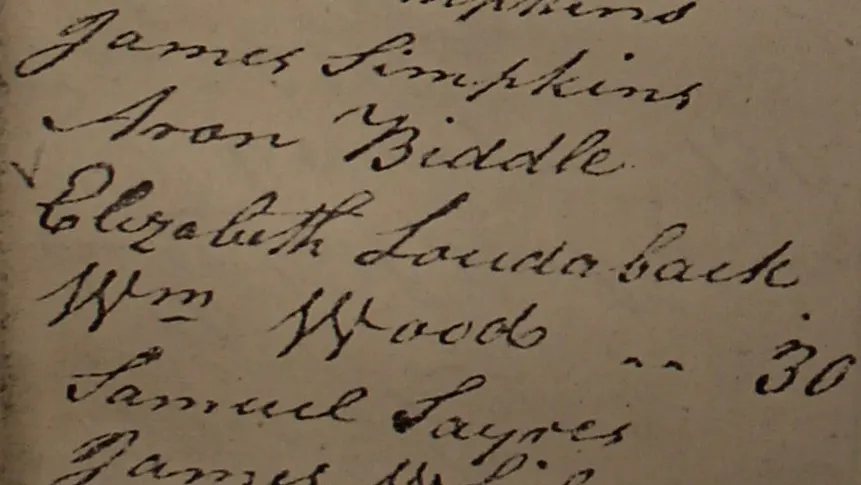 Photo of Elizabeth Louderback's name listed on the December 1800 poll list from UPN Township
