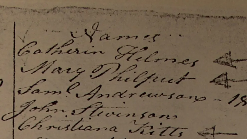 Photo of Catherine Helms's name listed on the December 1800 poll list from UPN Township