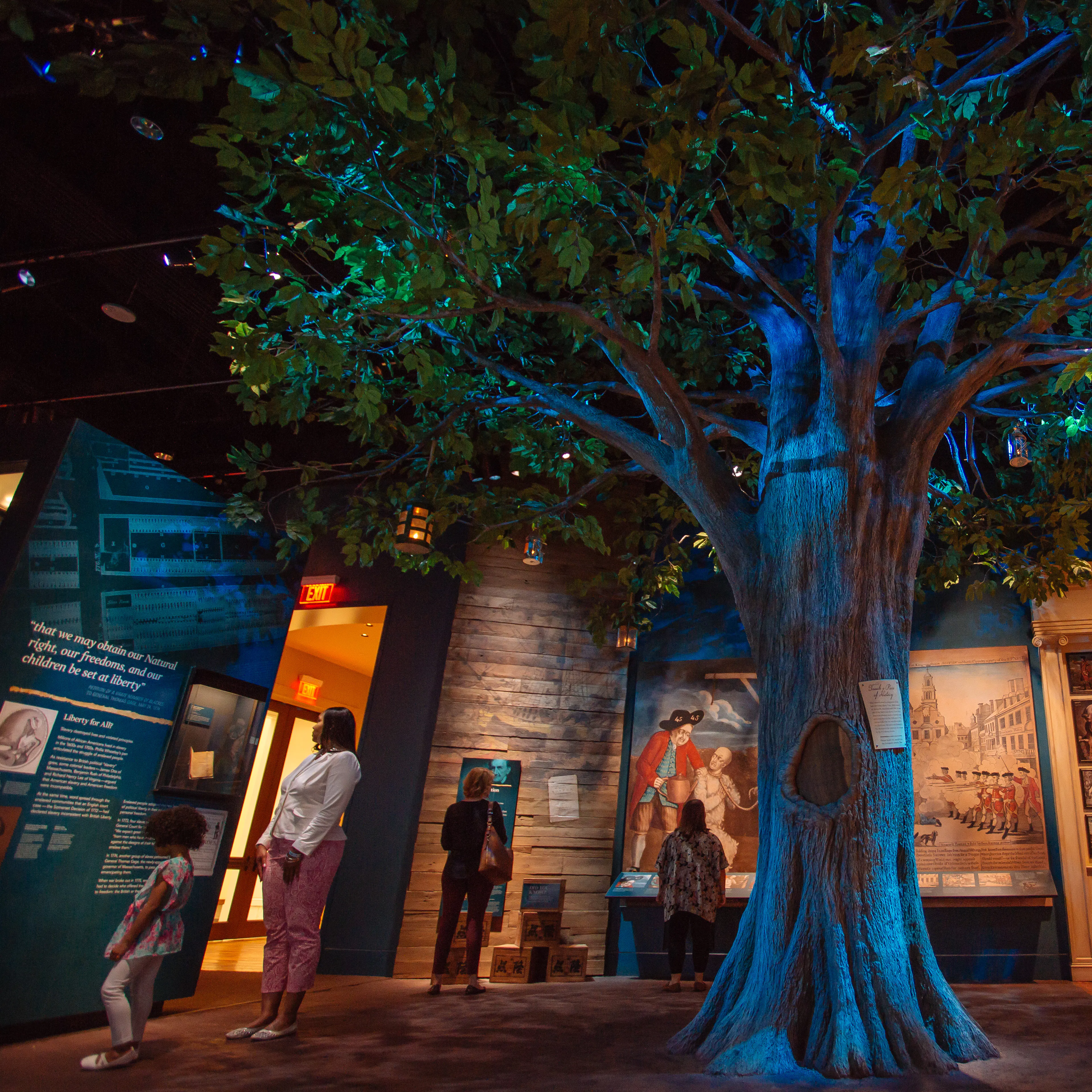 Visitors of the Museum of the American Revolution in the Liberty Tree gallery which features a Liberty Tree