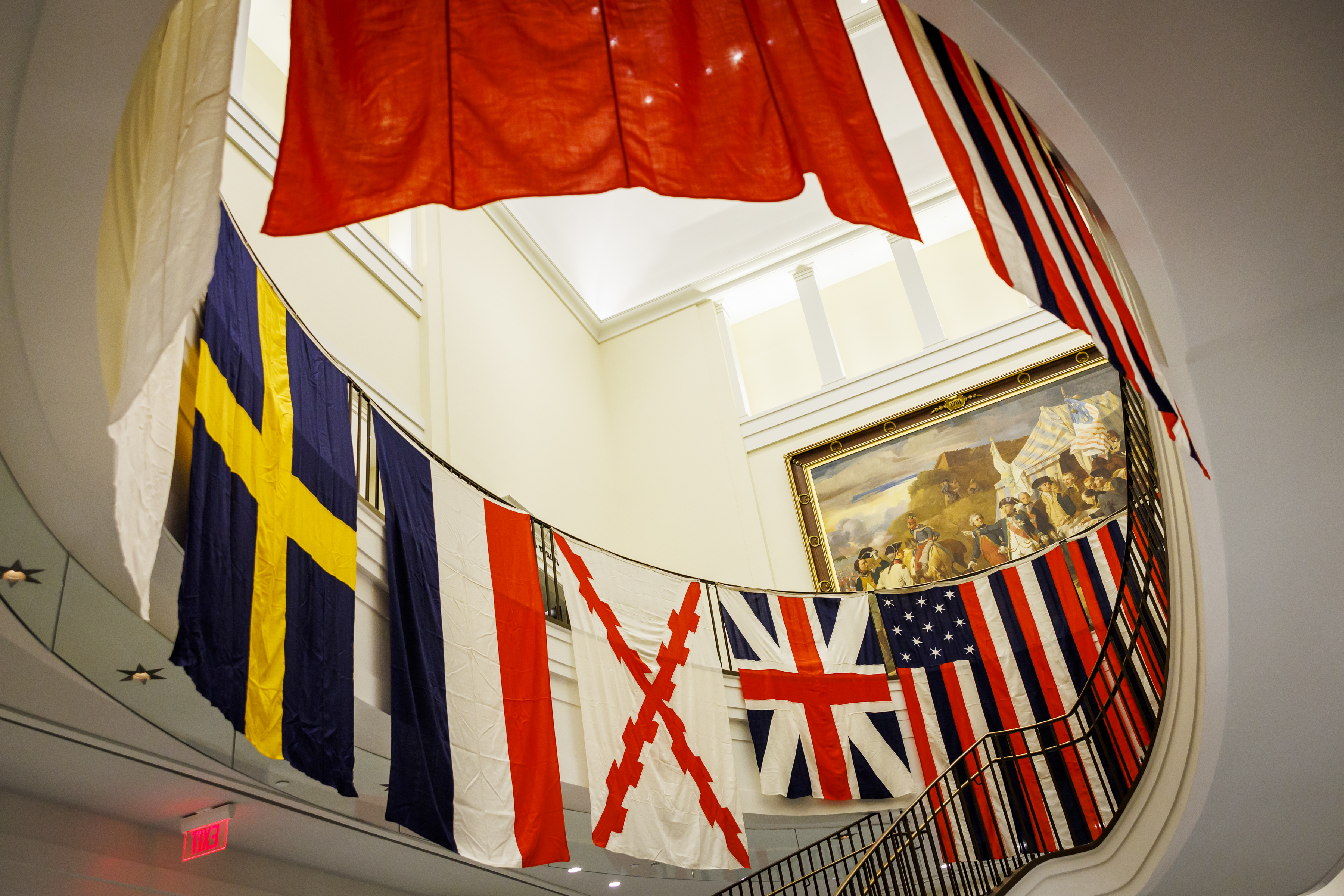 Colorful flags hang in a circle
