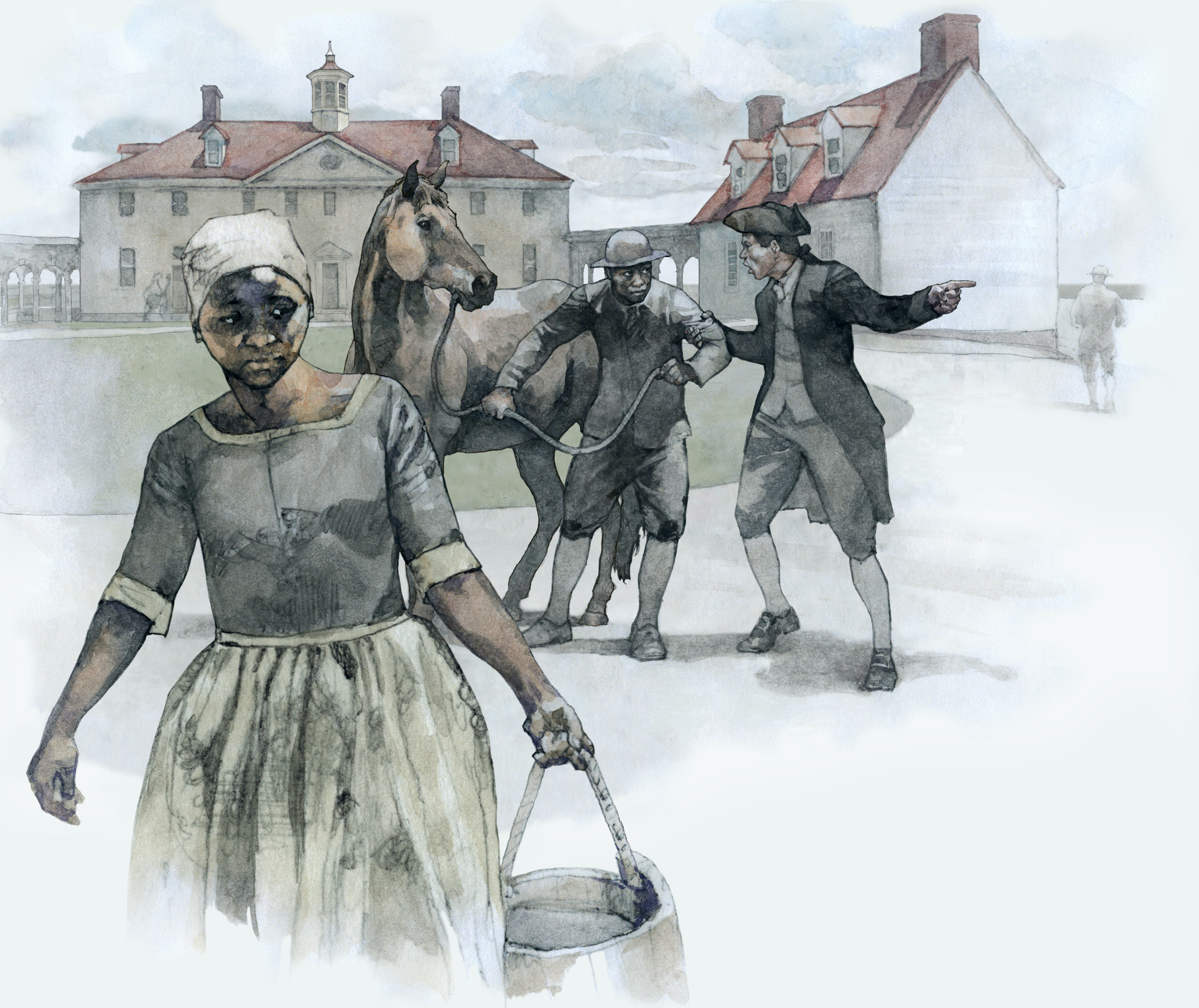 A watercolor depicts Deborah, a person of African descent, in the foreground carrying a water bucket in her left hand with Mt. Vernon in the background. Deborah faces the viewer as her eyes look to the side. Behind her is a person of African descent pulling a horse. In turn, there is a white slave master pulling the person of African descent’s left arm.