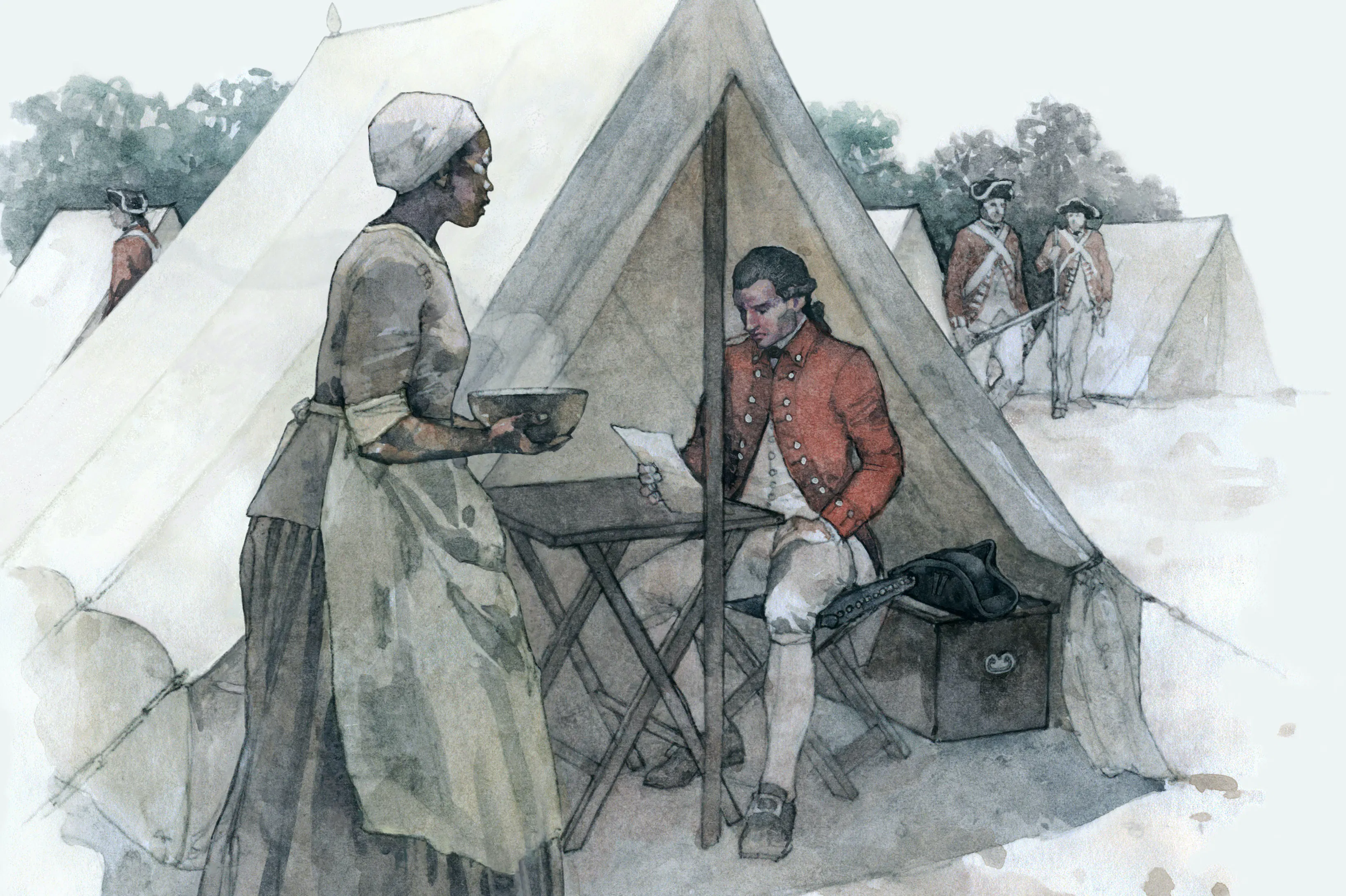 A watercolor of Deborah, a person of African descent, bringing a bowl of hot food to a white British soldier.